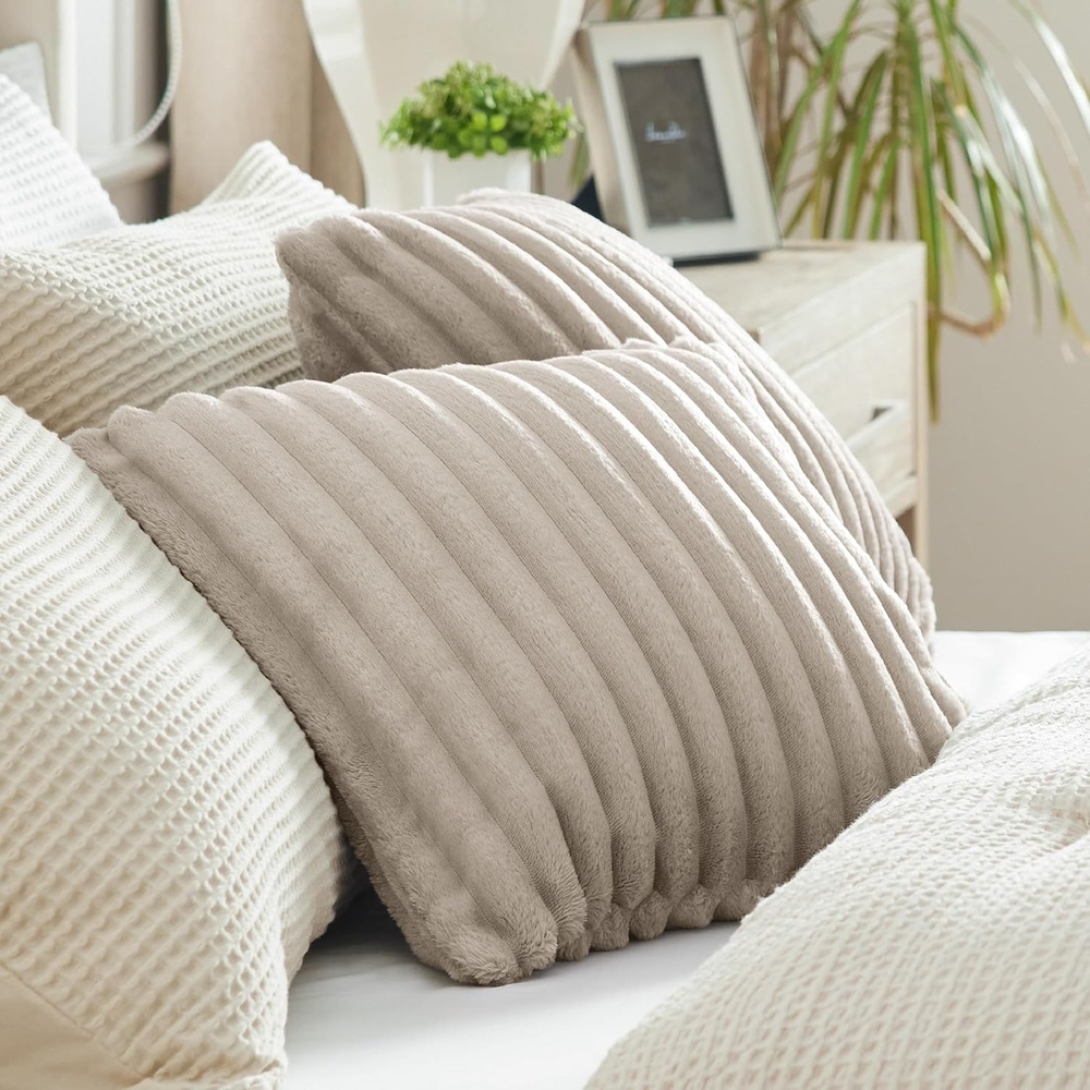 image:imageBedsure Fleece Striped Decorative Throw Pillow Covers Linen 18x18  Set of 2 DoubleSide Fluffy Soft Home Decor for Couch Sofa Living Room Bedroom08linen