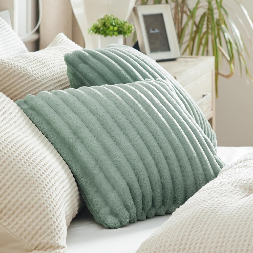 image:imageBedsure Fleece Striped Decorative Throw Pillow Covers Linen 18x18  Set of 2 DoubleSide Fluffy Soft Home Decor for Couch Sofa Living Room Bedroom14green