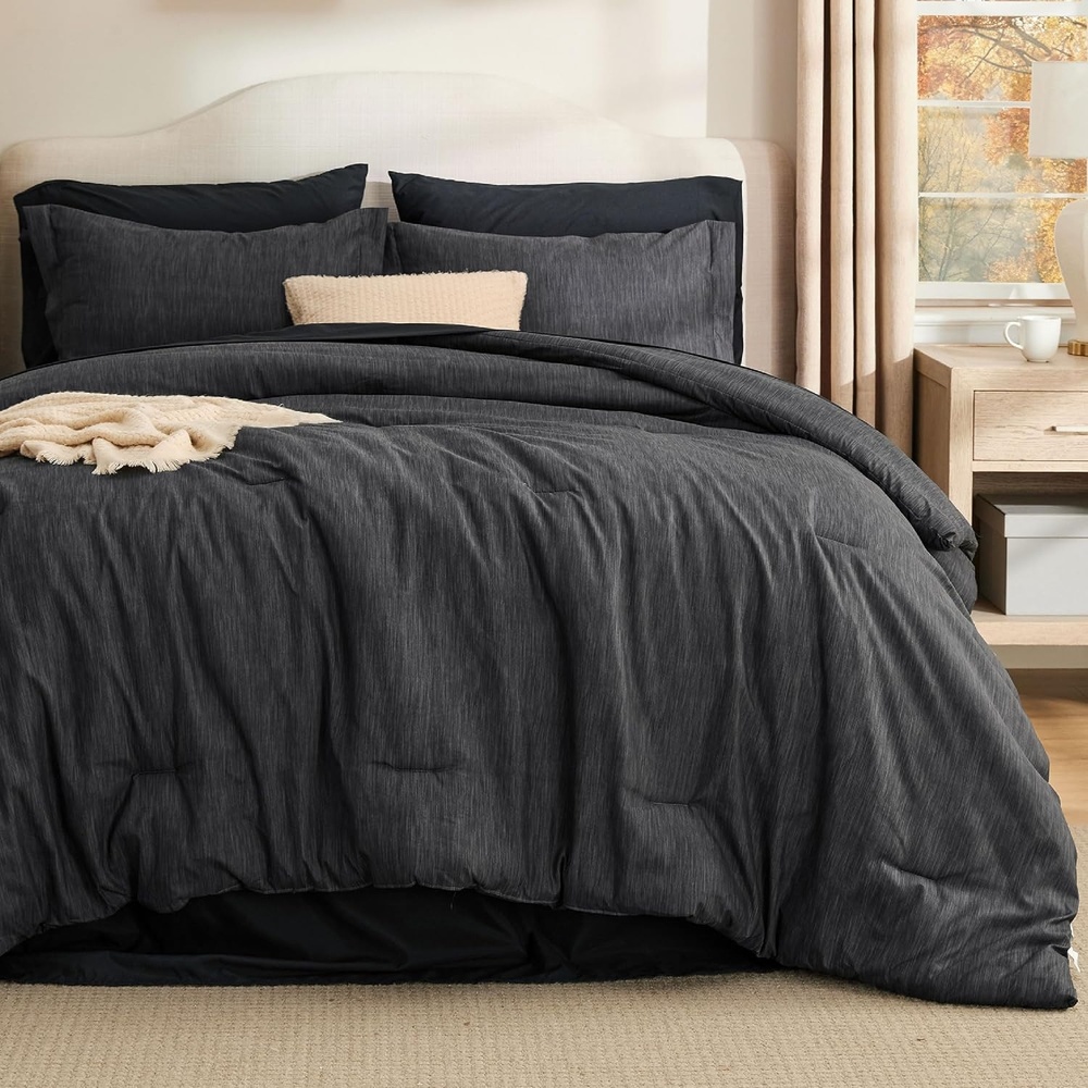 image:imageBedsure King Size Comforter Set Beige Bed in a Bag King 7 Pieces Cationic Dyed Bed Set Gift for Family Soft Bedding for All Seasons Comforter with Sheets Pillowcases amp ShamsBlack
