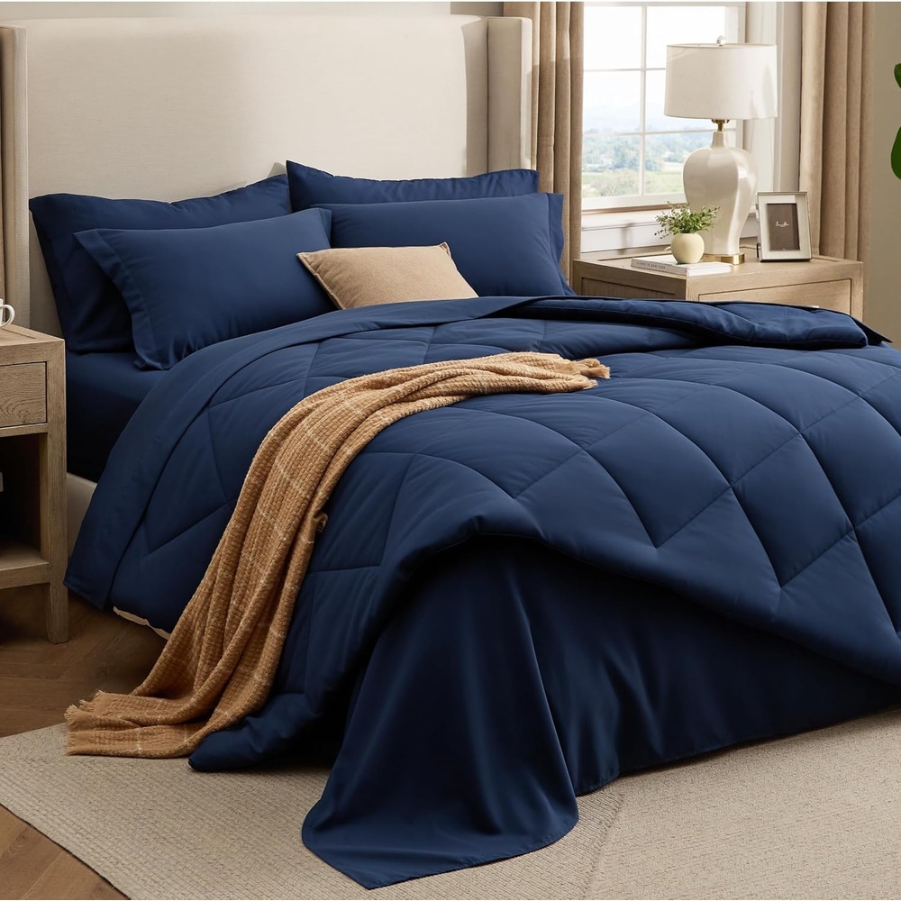 image:imageBedsure Premium Series 5 Piece Black Twin Comforter Set Goose Down Alternative All Season Medium Warmth Soft Hotel Luxury Bed in a Bag Safe for Sensitive Skin Includes Sheets Pillowcase amp Sham02 Navy Blue