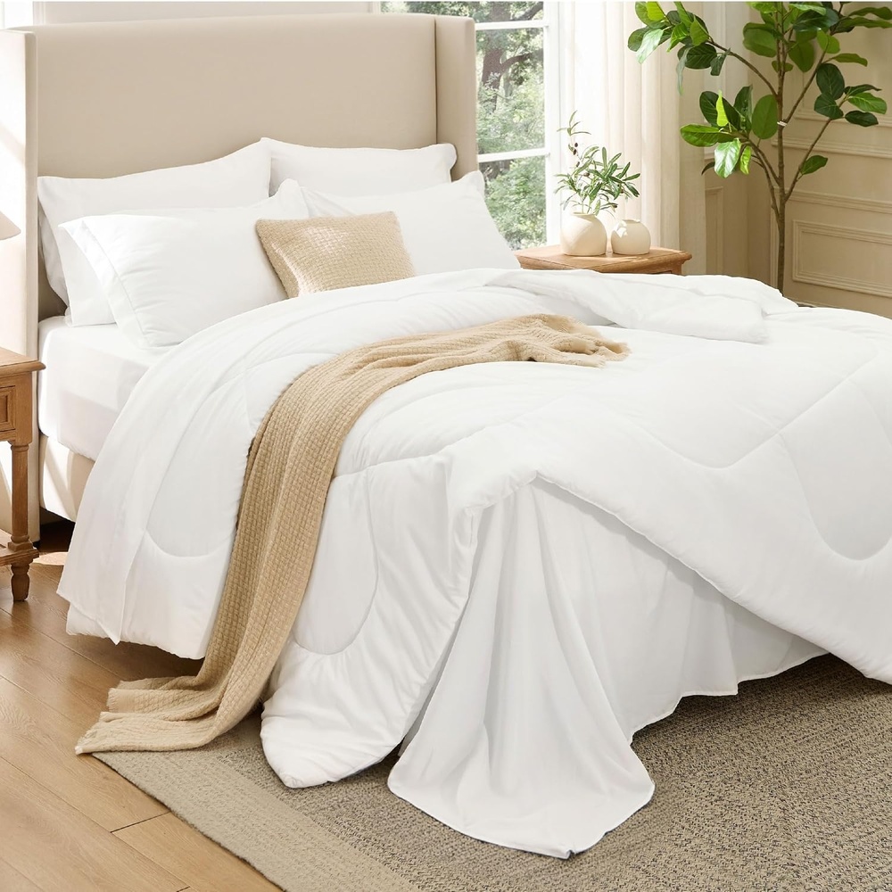 image:imageBedsure Premium Series 5 Piece Black Twin Comforter Set Goose Down Alternative All Season Medium Warmth Soft Hotel Luxury Bed in a Bag Safe for Sensitive Skin Includes Sheets Pillowcase amp Sham03 White Wavy Quilted