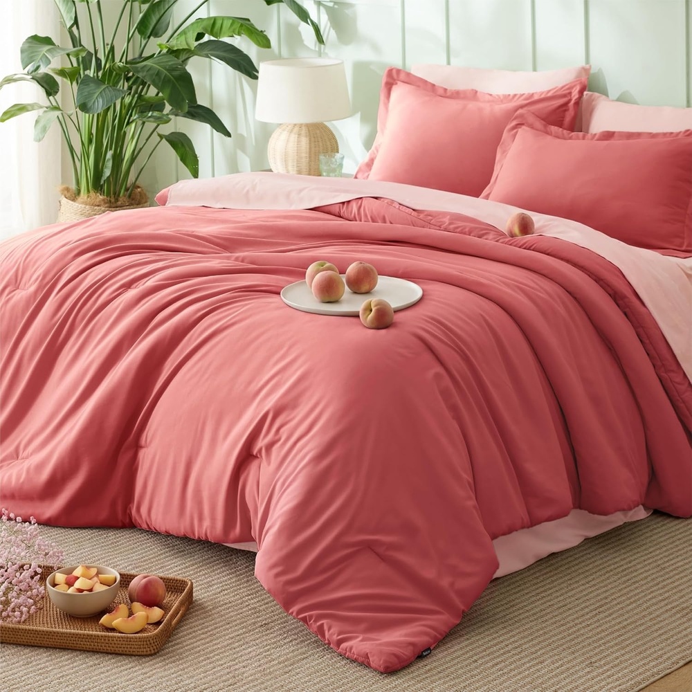 image:imageBedsure Queen Bed in a Bag Sage Green Comforter Set DualTone 7 Pieces Bedding Set All Seasons Contrasting Design Reversible Soft Modern with Sheets Breathable Bed Set 909013 CoralPink