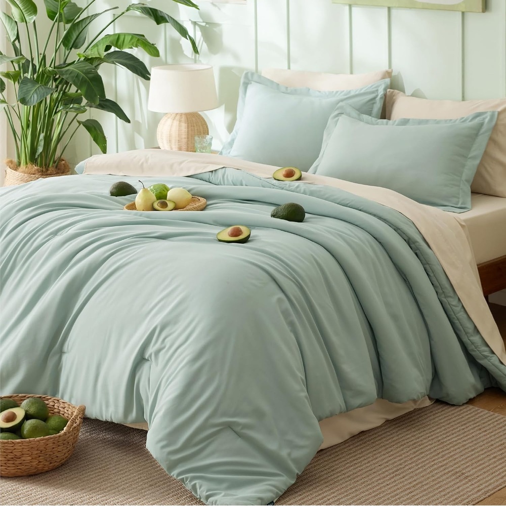 image:imageBedsure Queen Bed in a Bag Sage Green Comforter Set DualTone 7 Pieces Bedding Set All Seasons Contrasting Design Reversible Soft Modern with Sheets Breathable Bed Set 909001 Sage GreenBeige