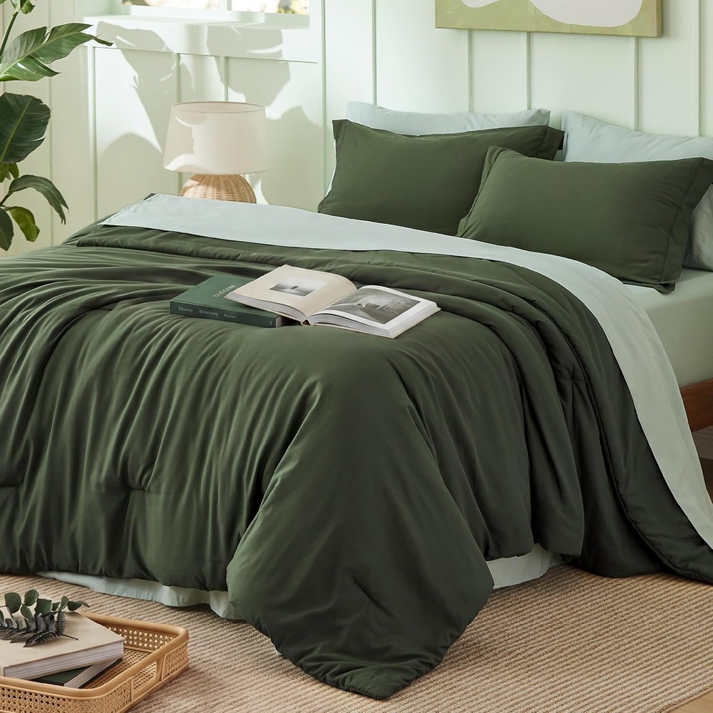 image:imageBedsure Queen Bed in a Bag Sage Green Comforter Set DualTone 7 Pieces Bedding Set All Seasons Contrasting Design Reversible Soft Modern with Sheets Breathable Bed Set 909008 Olive GreenSage Green