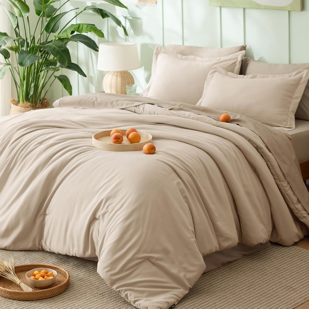 image:imageBedsure Queen Bed in a Bag Sage Green Comforter Set DualTone 7 Pieces Bedding Set All Seasons Contrasting Design Reversible Soft Modern with Sheets Breathable Bed Set 909016 Light BeigeKhaki