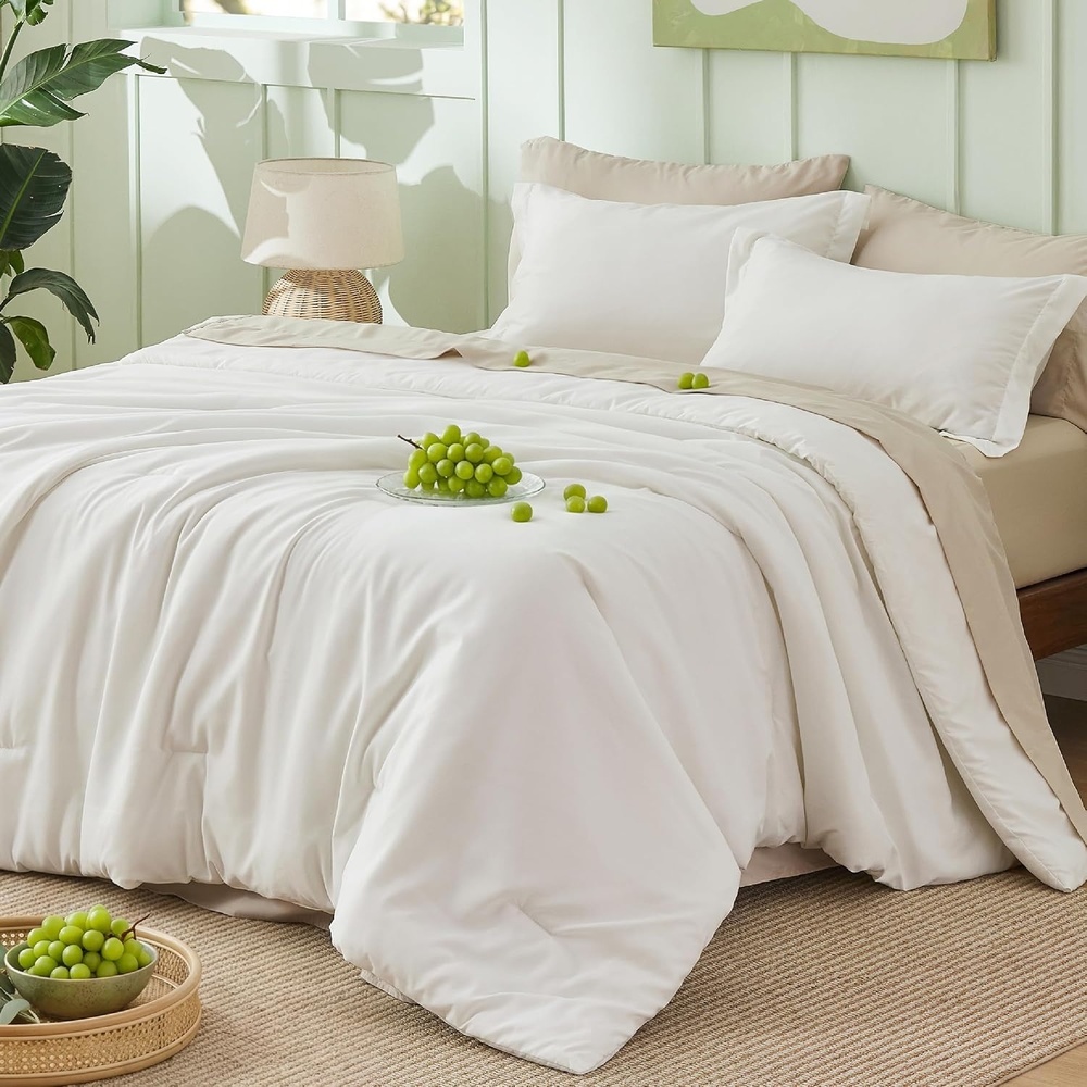 image:imageBedsure Queen Bed in a Bag Sage Green Comforter Set DualTone 7 Pieces Bedding Set All Seasons Contrasting Design Reversible Soft Modern with Sheets Breathable Bed Set 909003 WhiteBeige