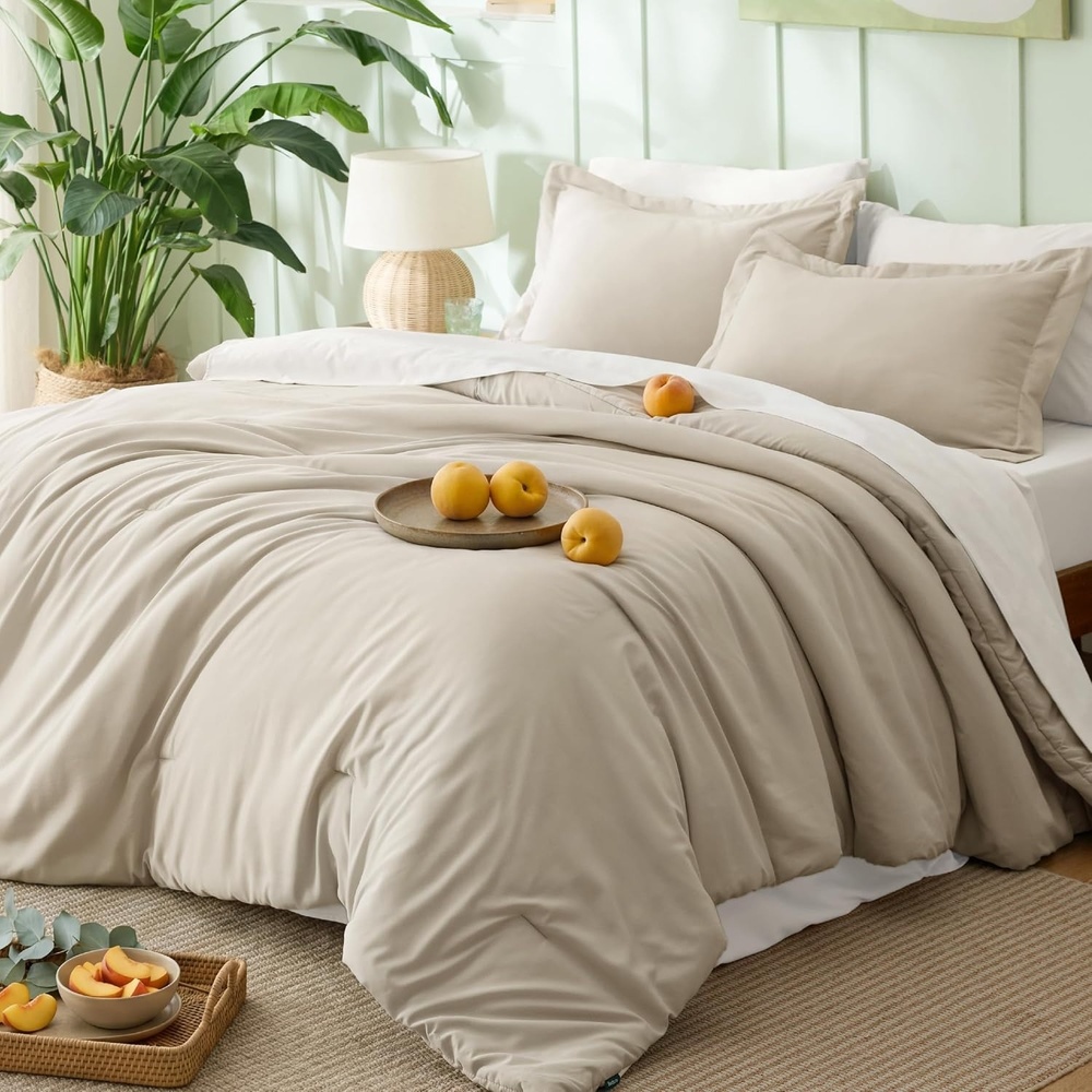 image:imageBedsure Queen Bed in a Bag Sage Green Comforter Set DualTone 7 Pieces Bedding Set All Seasons Contrasting Design Reversible Soft Modern with Sheets Breathable Bed Set 909002 BeigeWhite
