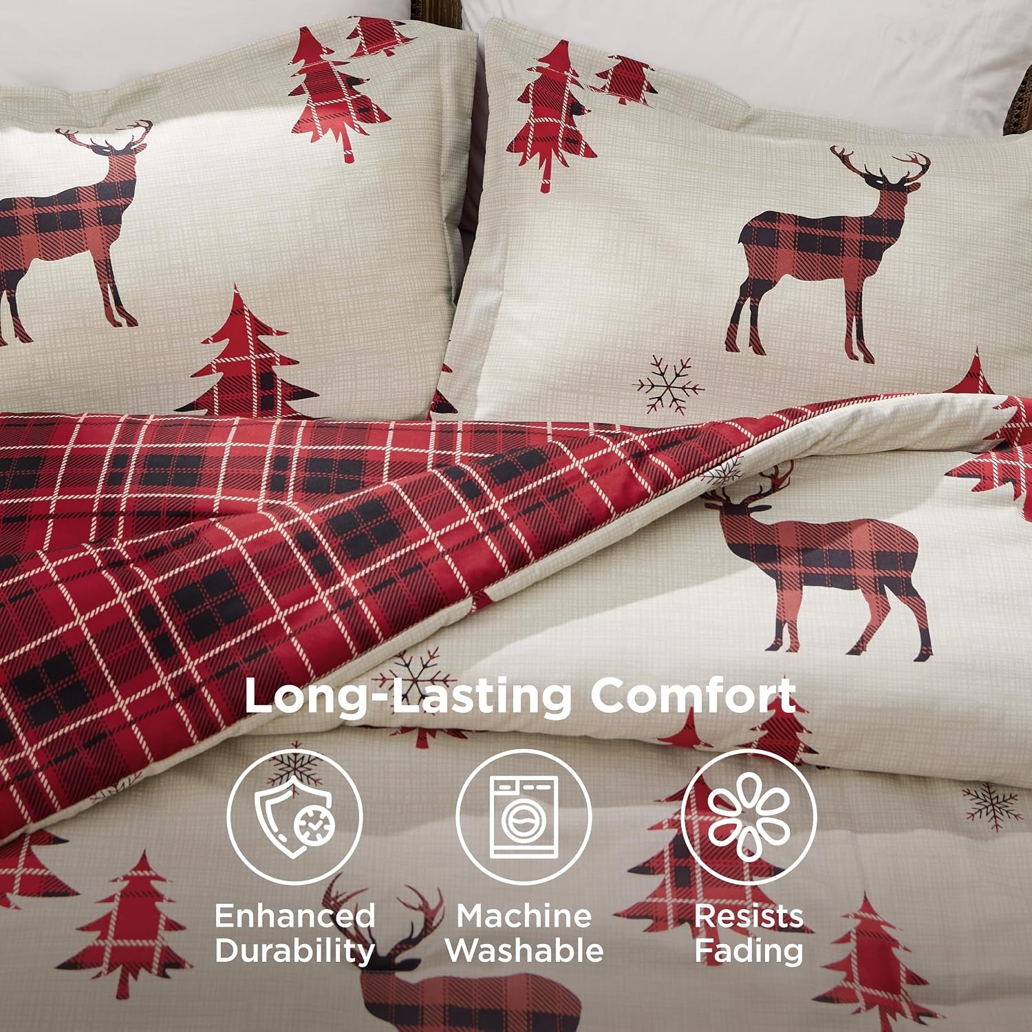 image:imageBedsure Christmas Comforter Set Queen Christmas Bed Set with Reindeer Soft Bedding for Holiday 3 Pieces 1 Reversible Buffalo Check Printed Comforter and 2 Pillow Shams01 Red Reindeer