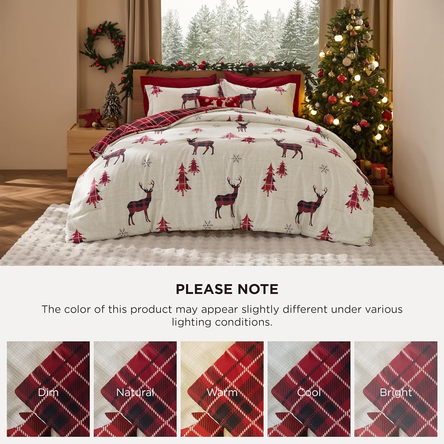image:imageBedsure Christmas Comforter Set Queen Christmas Bed Set with Reindeer Soft Bedding for Holiday 3 Pieces 1 Reversible Buffalo Check Printed Comforter and 2 Pillow Shams01 Red Reindeer
