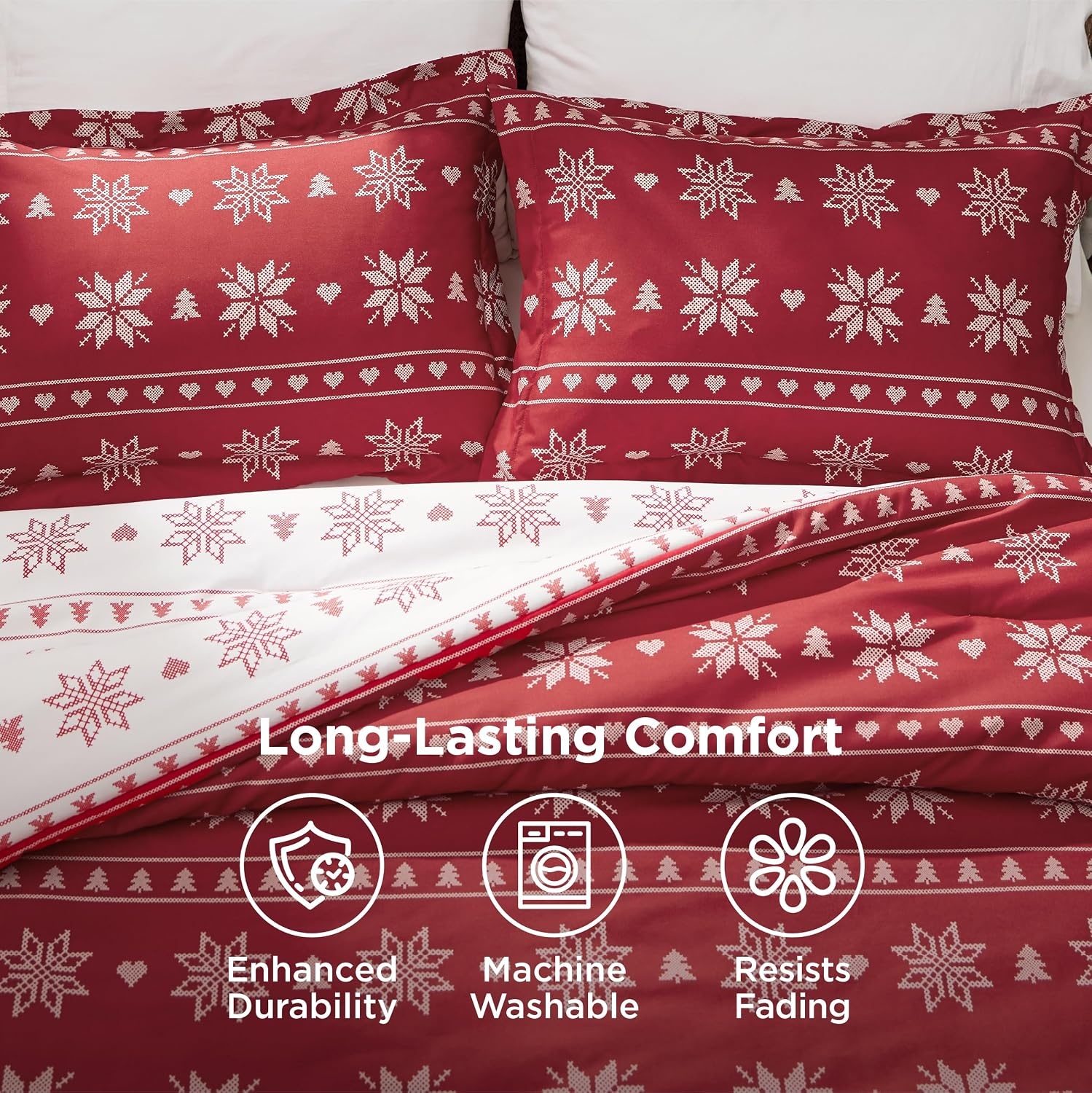 image:imageBedsure Christmas Comforter Set Queen Christmas Bed Set with Reindeer Soft Bedding for Holiday 3 Pieces 1 Reversible Buffalo Check Printed Comforter and 2 Pillow Shams02 Red Snowflake