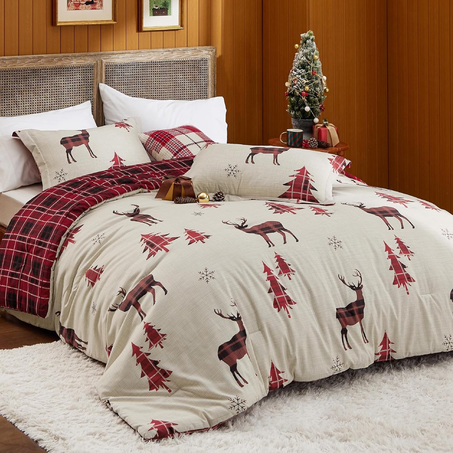 image:imageBedsure Christmas Comforter Set Queen Christmas Bed Set with Reindeer Soft Bedding for Holiday 3 Pieces 1 Reversible Buffalo Check Printed Comforter and 2 Pillow Shams01 Red Reindeer