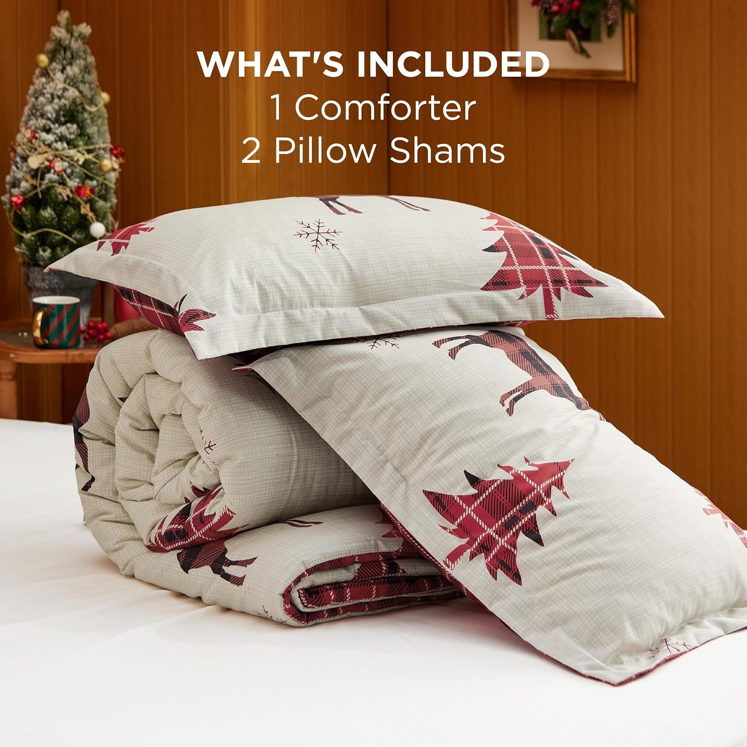 image:imageBedsure Christmas Comforter Set Queen Christmas Bed Set with Reindeer Soft Bedding for Holiday 3 Pieces 1 Reversible Buffalo Check Printed Comforter and 2 Pillow Shams01 Red Reindeer