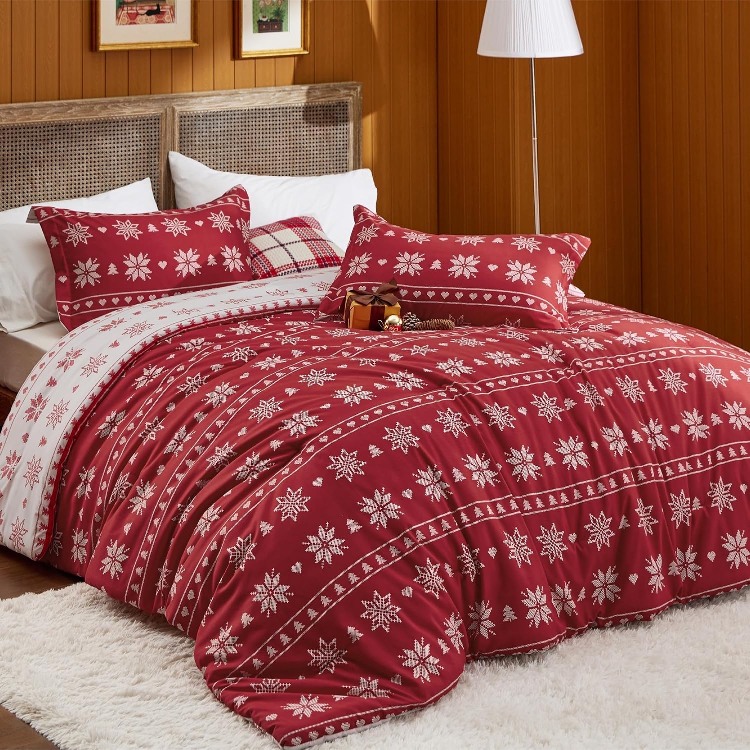 image:imageBedsure Christmas Comforter Set Queen Christmas Bed Set with Reindeer Soft Bedding for Holiday 3 Pieces 1 Reversible Buffalo Check Printed Comforter and 2 Pillow Shams02 Red Snowflake