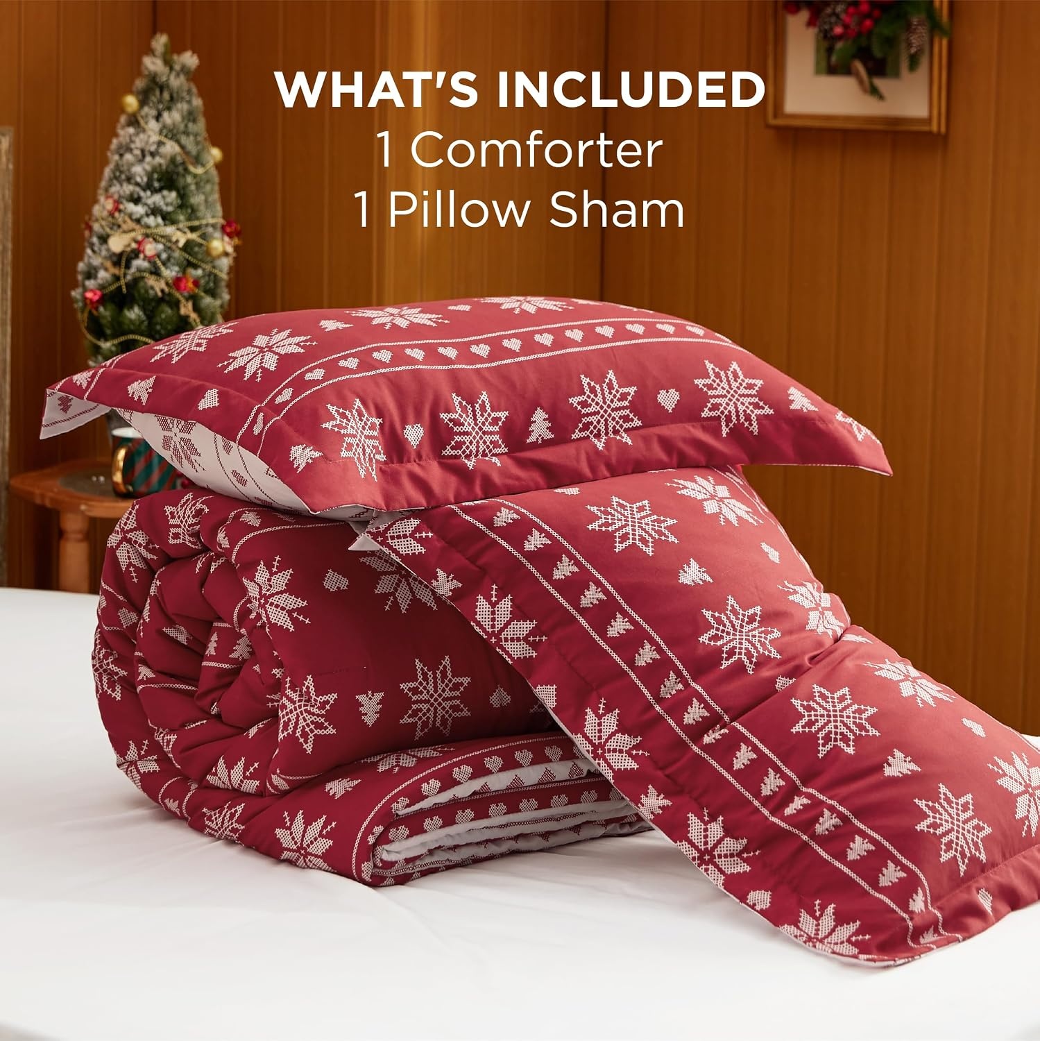 image:imageBedsure Christmas Comforter Set Queen Christmas Bed Set with Reindeer Soft Bedding for Holiday 3 Pieces 1 Reversible Buffalo Check Printed Comforter and 2 Pillow Shams02 Red Snowflake