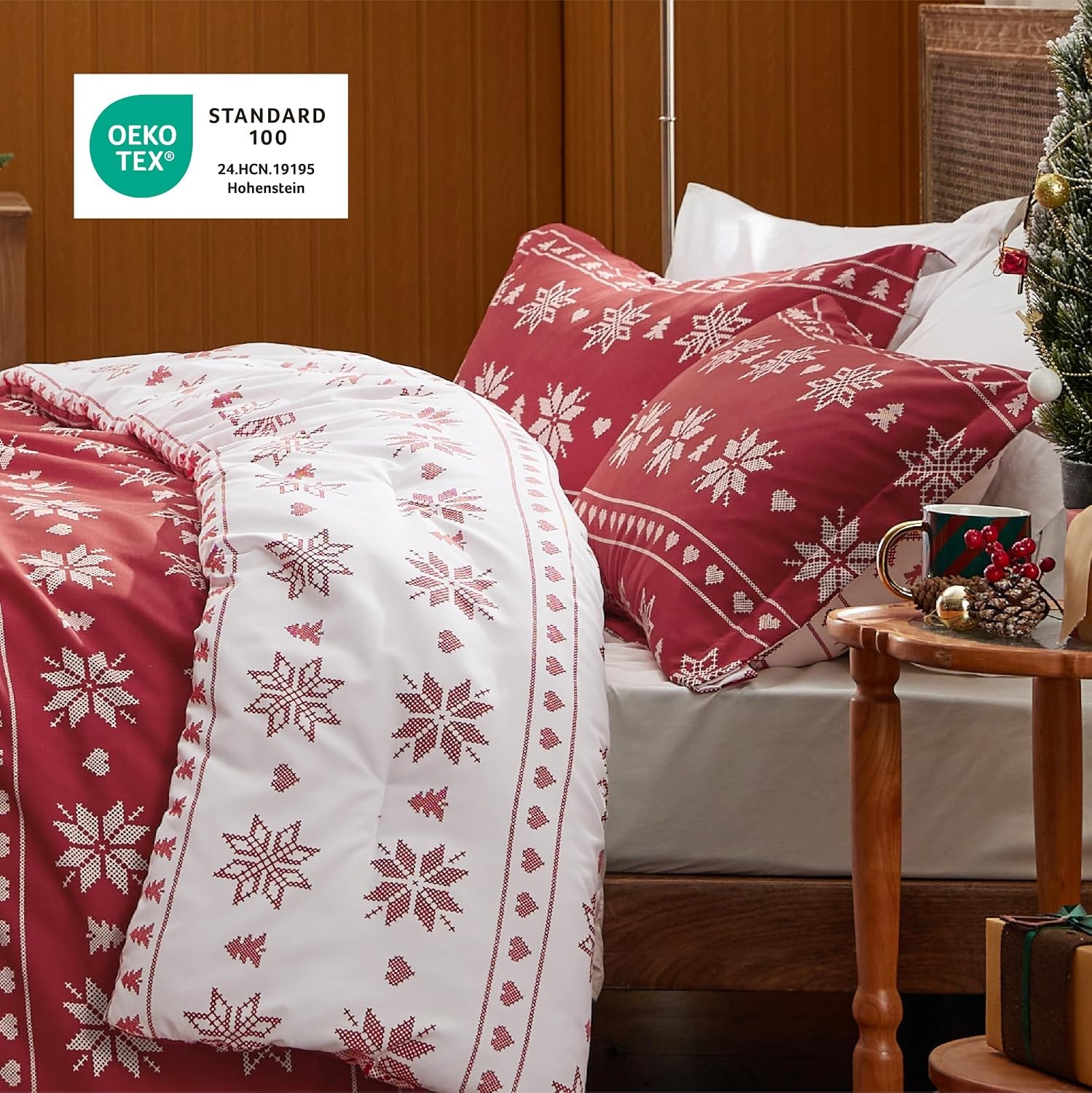 image:imageBedsure Christmas Comforter Set Queen Christmas Bed Set with Reindeer Soft Bedding for Holiday 3 Pieces 1 Reversible Buffalo Check Printed Comforter and 2 Pillow Shams02 Red Snowflake