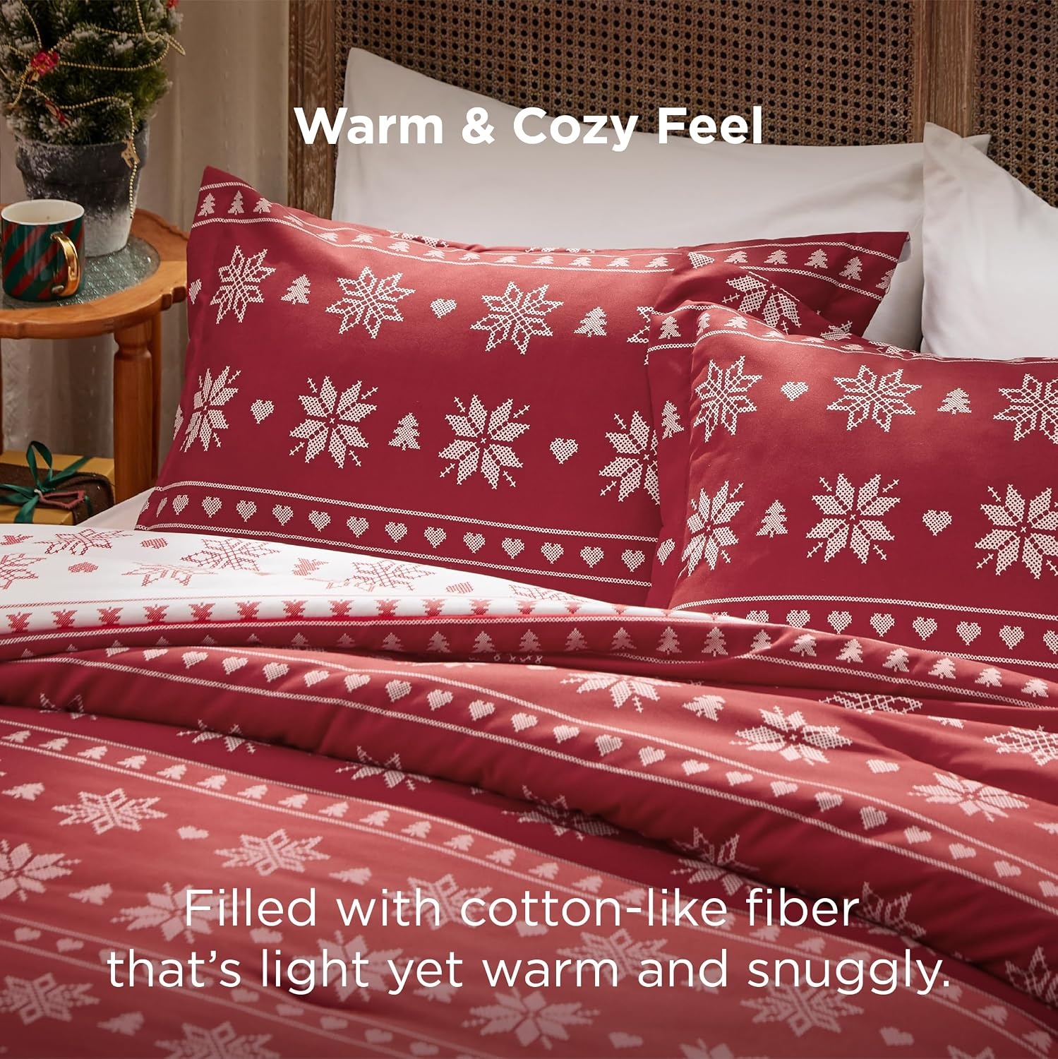 image:imageBedsure Christmas Comforter Set Queen Christmas Bed Set with Reindeer Soft Bedding for Holiday 3 Pieces 1 Reversible Buffalo Check Printed Comforter and 2 Pillow Shams02 Red Snowflake