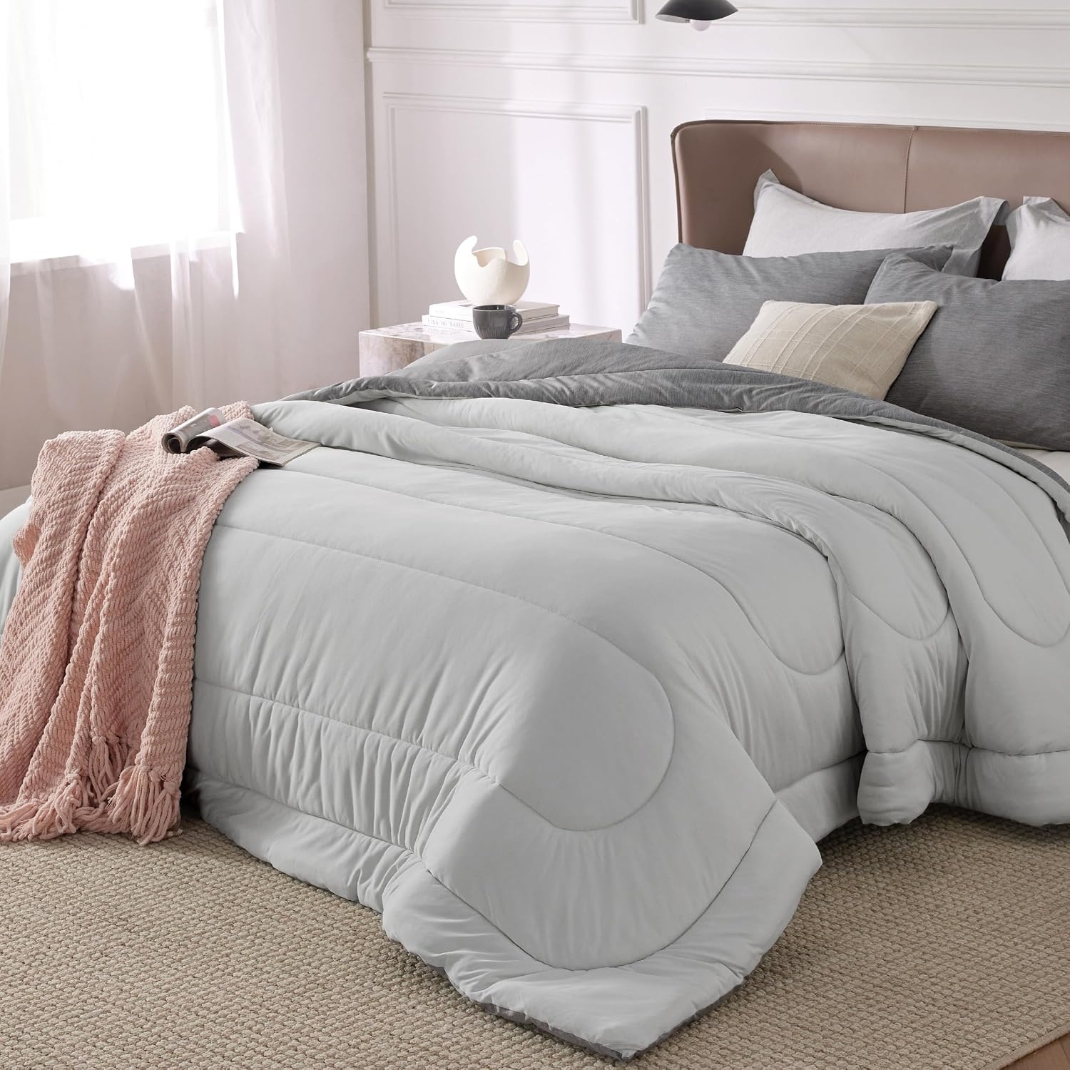 image:imageBedsure Cooling Comforter Queen Size Charcoal Black Reversible Comforter for Hot Sleepers amp Night Sweats All Season 3 Pieces 1 Soft Comforter 88x88 and 2 Pillow Cases 20x26Gray