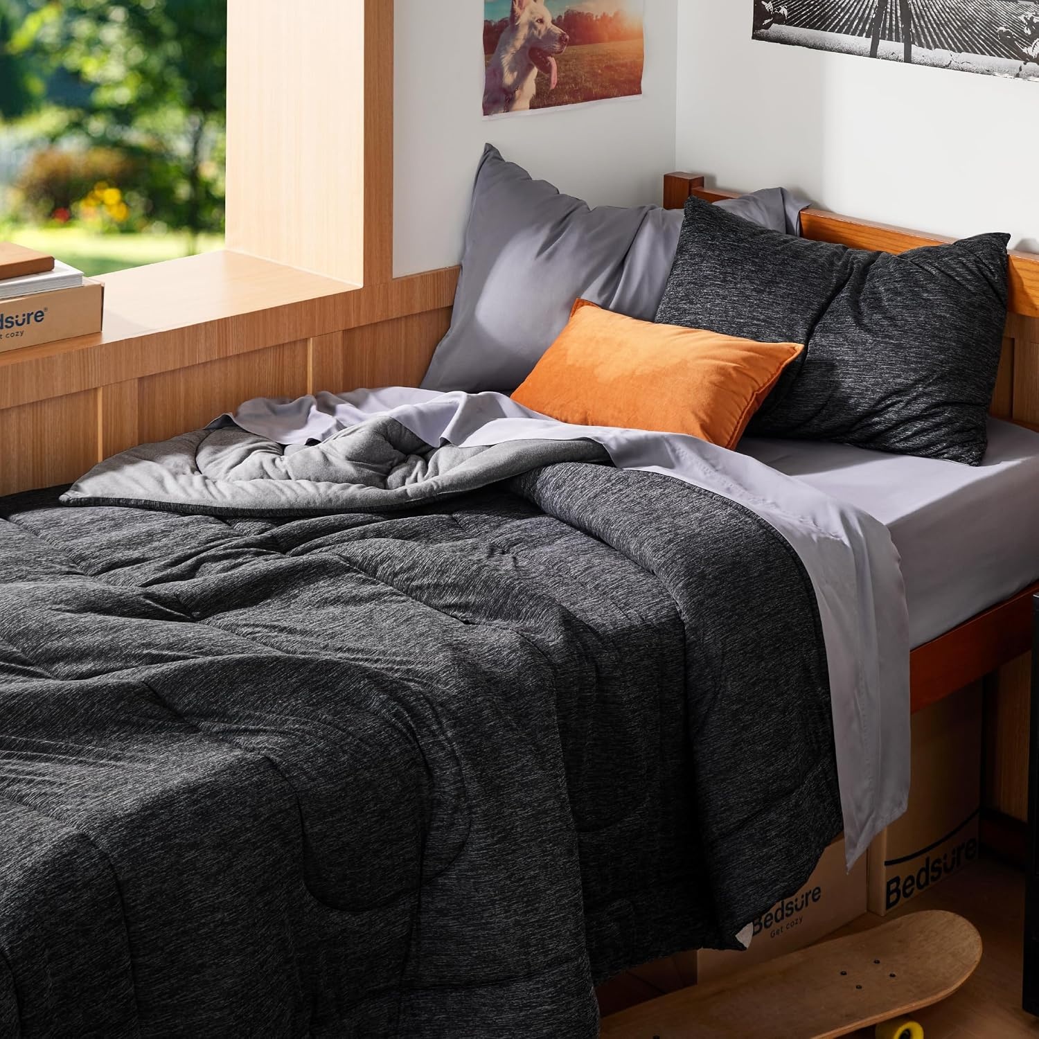 image:imageBedsure Cooling Comforter Queen Size Charcoal Black Reversible Comforter for Hot Sleepers amp Night Sweats All Season 3 Pieces 1 Soft Comforter 88x88 and 2 Pillow Cases 20x26Charcoal Black