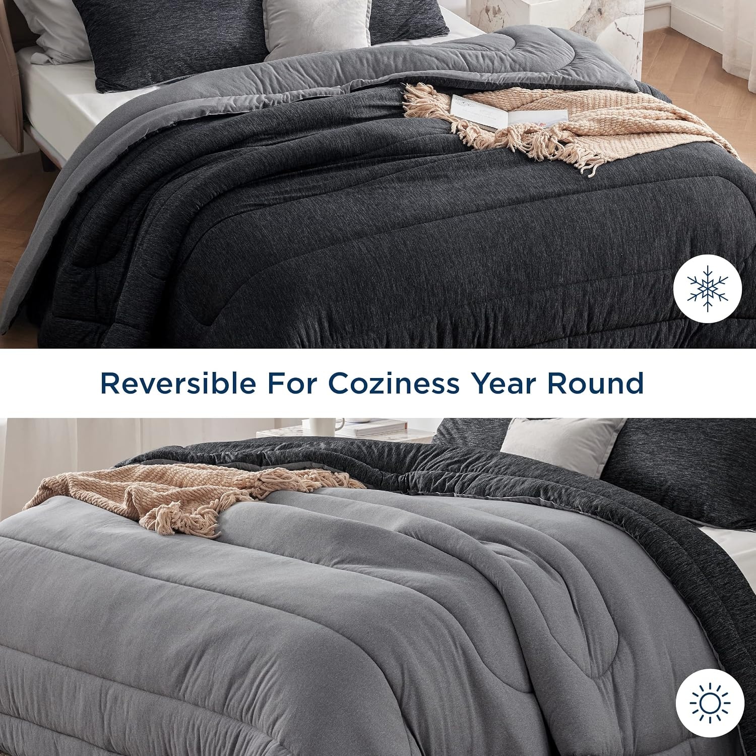 image:imageBedsure Cooling Comforter Queen Size Charcoal Black Reversible Comforter for Hot Sleepers amp Night Sweats All Season 3 Pieces 1 Soft Comforter 88x88 and 2 Pillow Cases 20x26Charcoal Black