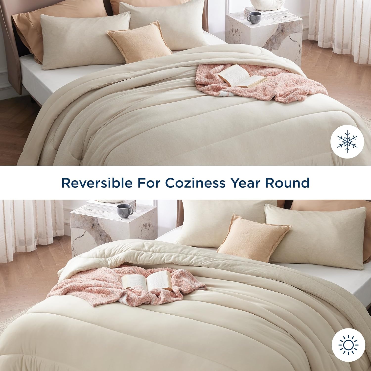 image:imageBedsure Cooling Comforter Queen Size Charcoal Black Reversible Comforter for Hot Sleepers amp Night Sweats All Season 3 Pieces 1 Soft Comforter 88x88 and 2 Pillow Cases 20x26Oatmeal
