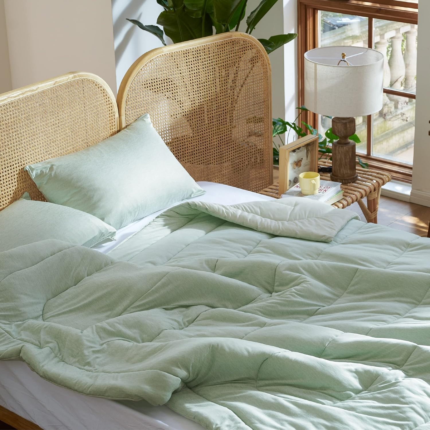 image:imageBedsure Cooling Comforter Queen Size Charcoal Black Reversible Comforter for Hot Sleepers amp Night Sweats All Season 3 Pieces 1 Soft Comforter 88x88 and 2 Pillow Cases 20x26Light Green
