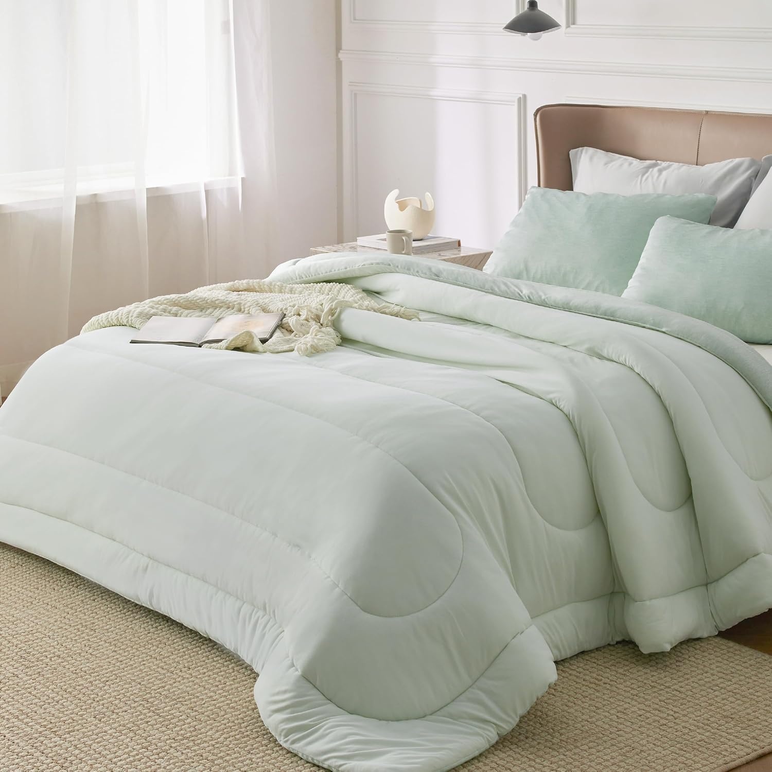 image:imageBedsure Cooling Comforter Queen Size Charcoal Black Reversible Comforter for Hot Sleepers amp Night Sweats All Season 3 Pieces 1 Soft Comforter 88x88 and 2 Pillow Cases 20x26Light Green