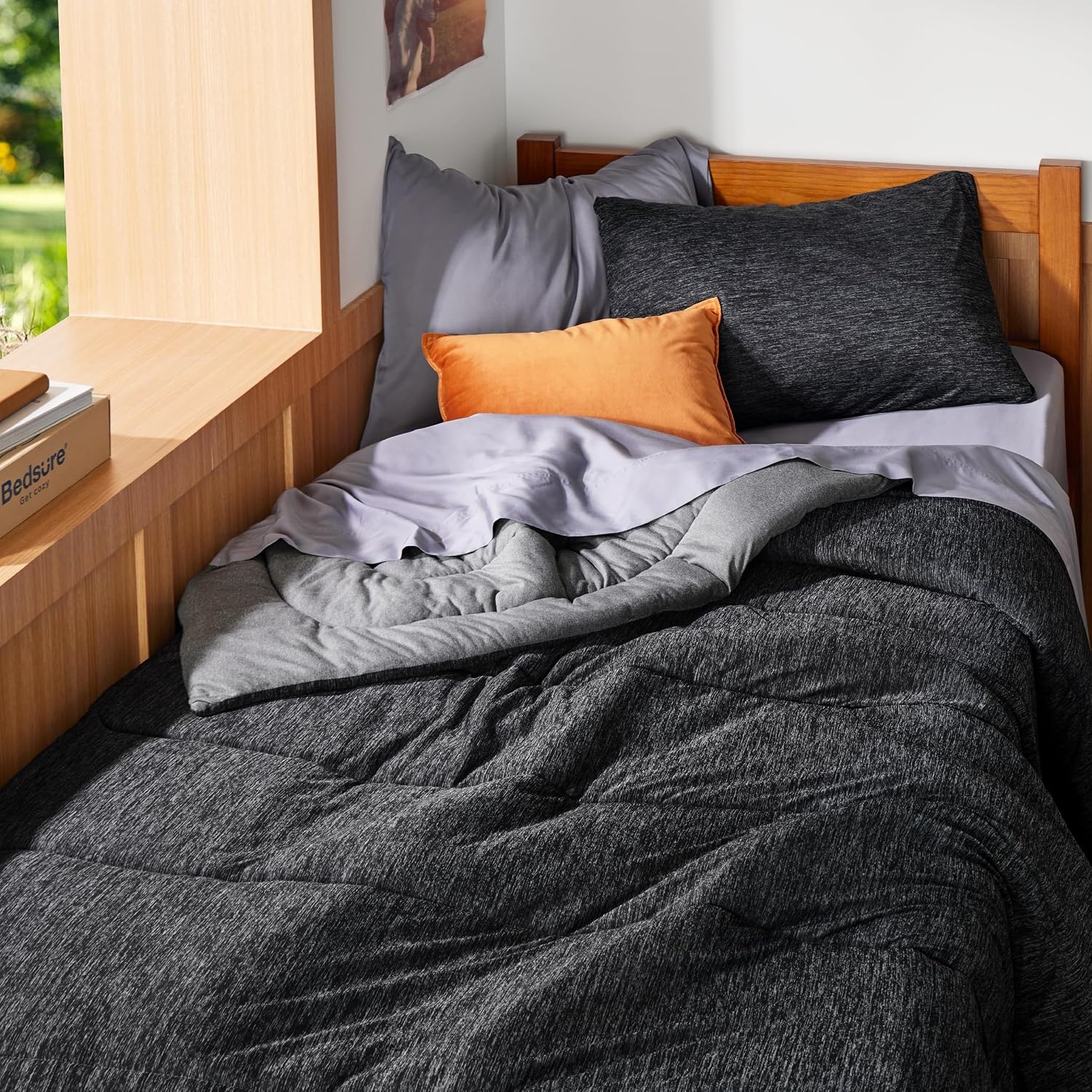 image:imageBedsure Cooling Comforter Queen Size Charcoal Black Reversible Comforter for Hot Sleepers amp Night Sweats All Season 3 Pieces 1 Soft Comforter 88x88 and 2 Pillow Cases 20x26Charcoal Black