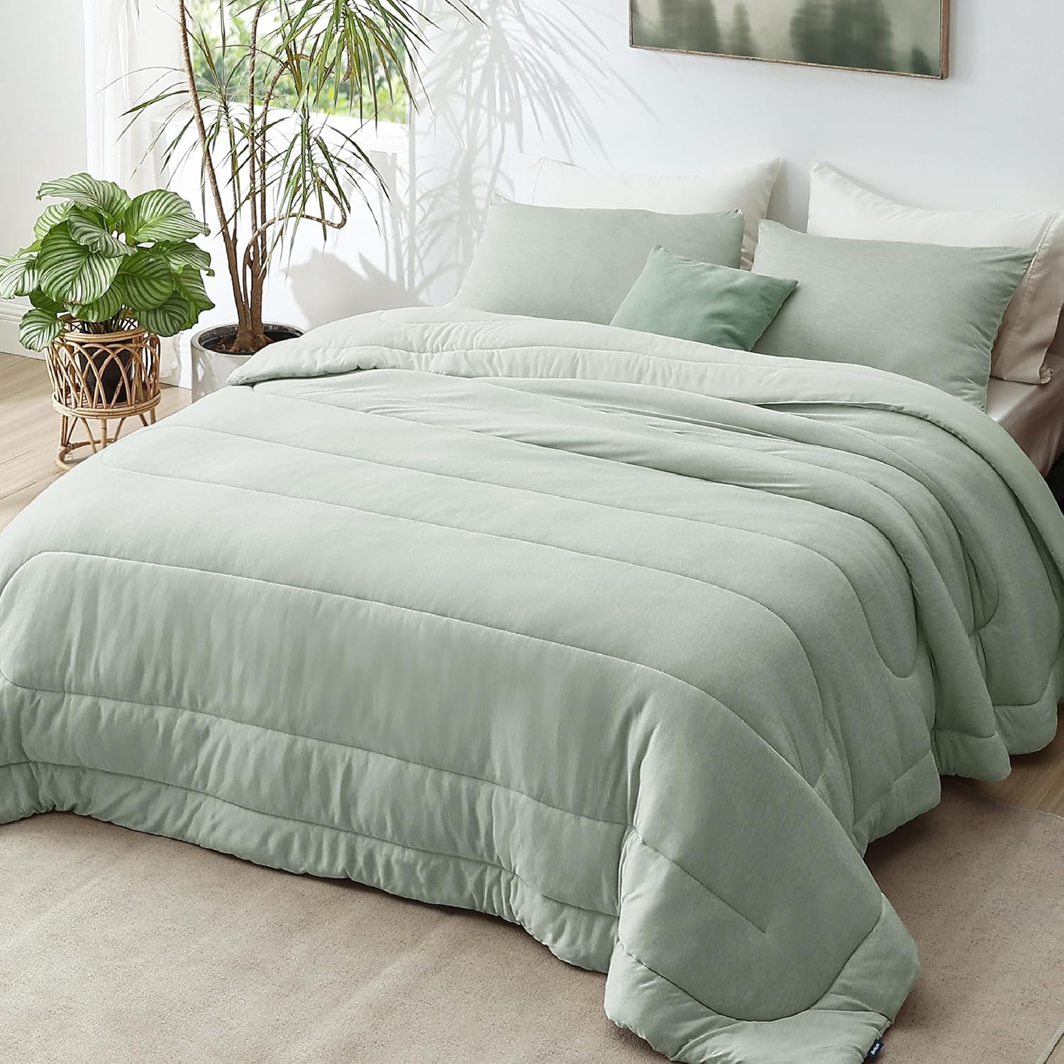 image:imageBedsure Cooling Comforter Queen Size Charcoal Black Reversible Comforter for Hot Sleepers amp Night Sweats All Season 3 Pieces 1 Soft Comforter 88x88 and 2 Pillow Cases 20x26Light Green