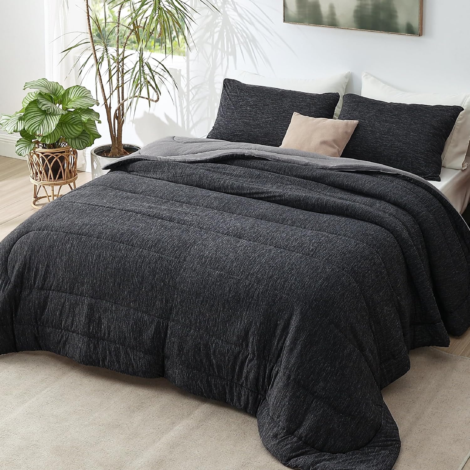 image:imageBedsure Cooling Comforter Queen Size Charcoal Black Reversible Comforter for Hot Sleepers amp Night Sweats All Season 3 Pieces 1 Soft Comforter 88x88 and 2 Pillow Cases 20x26Charcoal Black