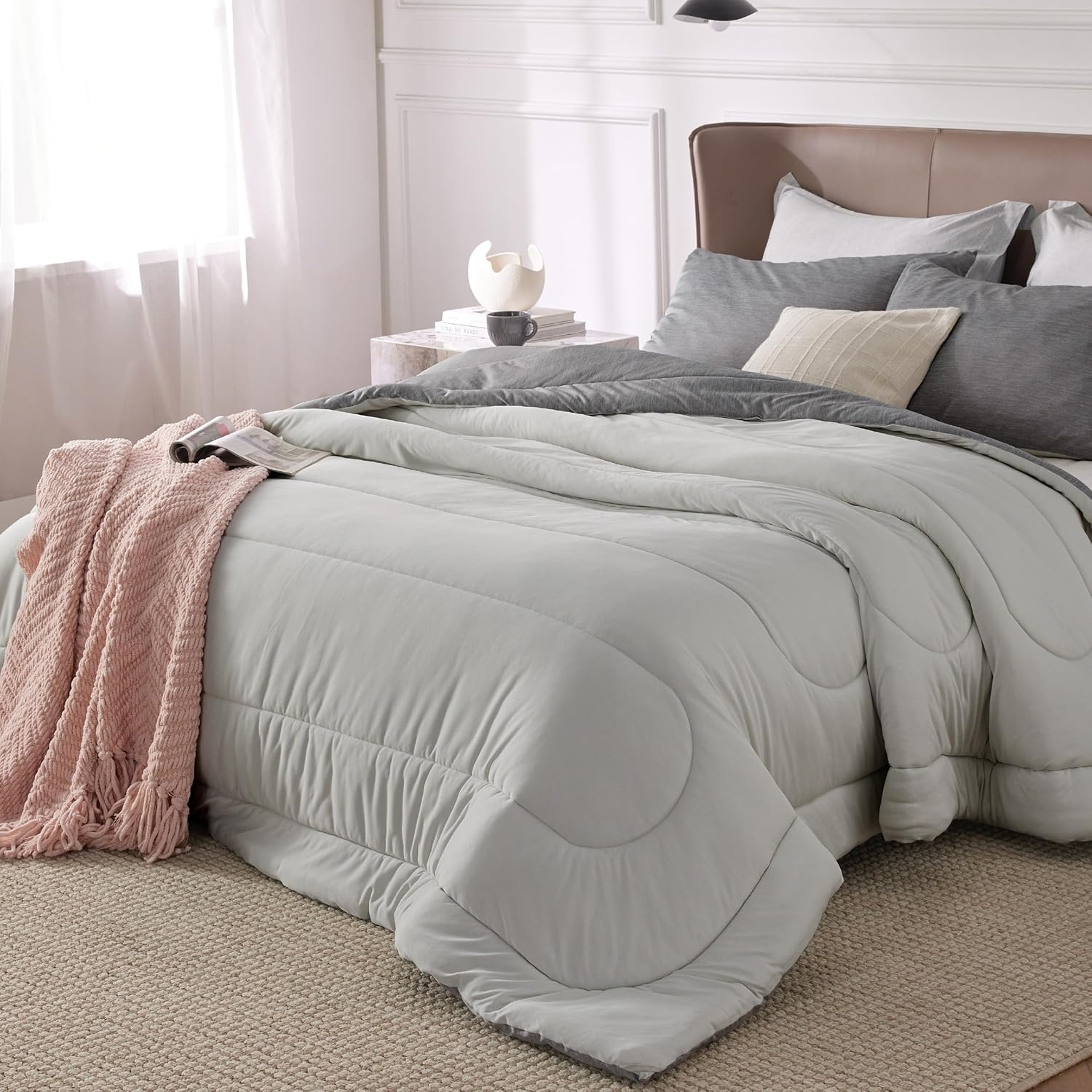 image:imageBedsure Cooling Comforter Queen Size Charcoal Black Reversible Comforter for Hot Sleepers amp Night Sweats All Season 3 Pieces 1 Soft Comforter 88x88 and 2 Pillow Cases 20x26Gray