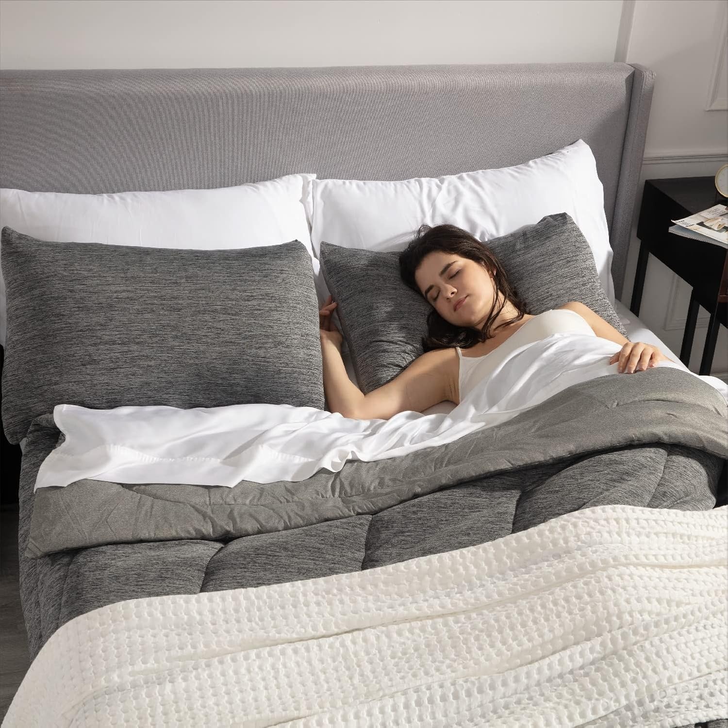 image:imageBedsure Cooling Comforter Queen Size Charcoal Black Reversible Comforter for Hot Sleepers amp Night Sweats All Season 3 Pieces 1 Soft Comforter 88x88 and 2 Pillow Cases 20x26Charcoal Gray