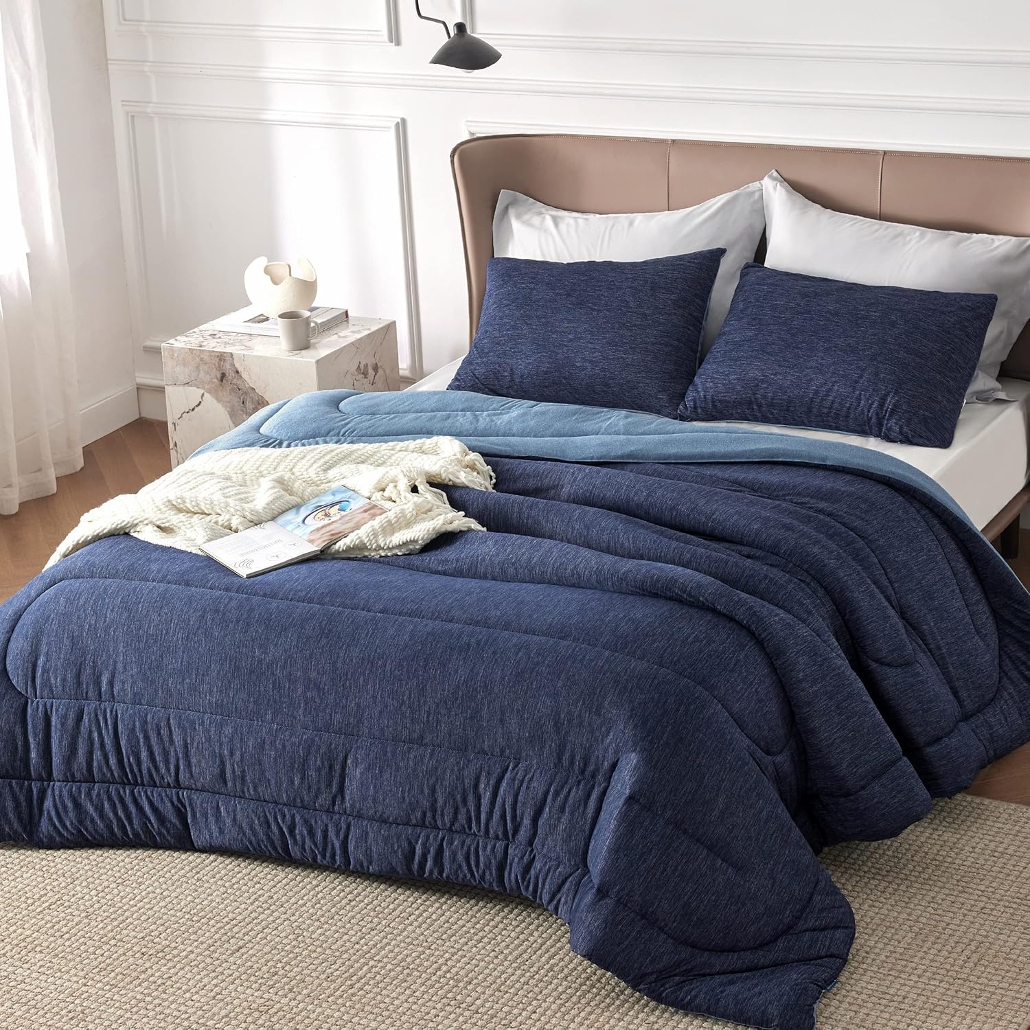 image:imageBedsure Cooling Comforter Queen Size Charcoal Black Reversible Comforter for Hot Sleepers amp Night Sweats All Season 3 Pieces 1 Soft Comforter 88x88 and 2 Pillow Cases 20x26Navy Blue