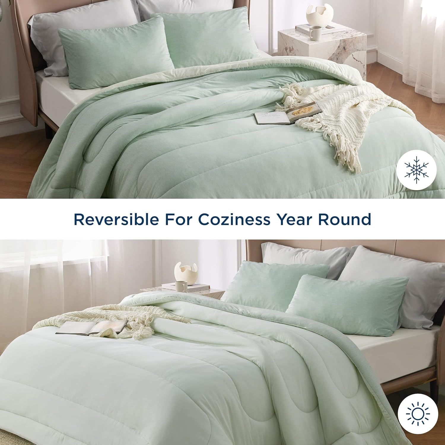 image:imageBedsure Cooling Comforter Queen Size Charcoal Black Reversible Comforter for Hot Sleepers amp Night Sweats All Season 3 Pieces 1 Soft Comforter 88x88 and 2 Pillow Cases 20x26Light Green