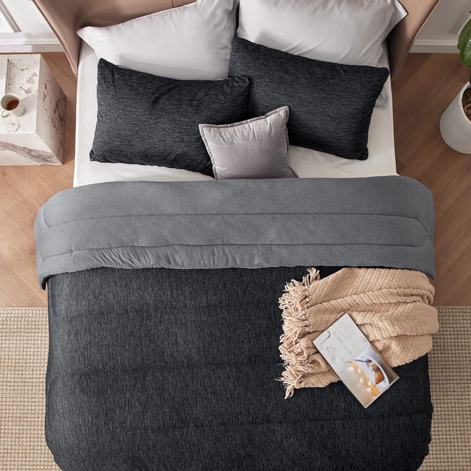 image:imageBedsure Cooling Comforter Queen Size Charcoal Black Reversible Comforter for Hot Sleepers amp Night Sweats All Season 3 Pieces 1 Soft Comforter 88x88 and 2 Pillow Cases 20x26Charcoal Black