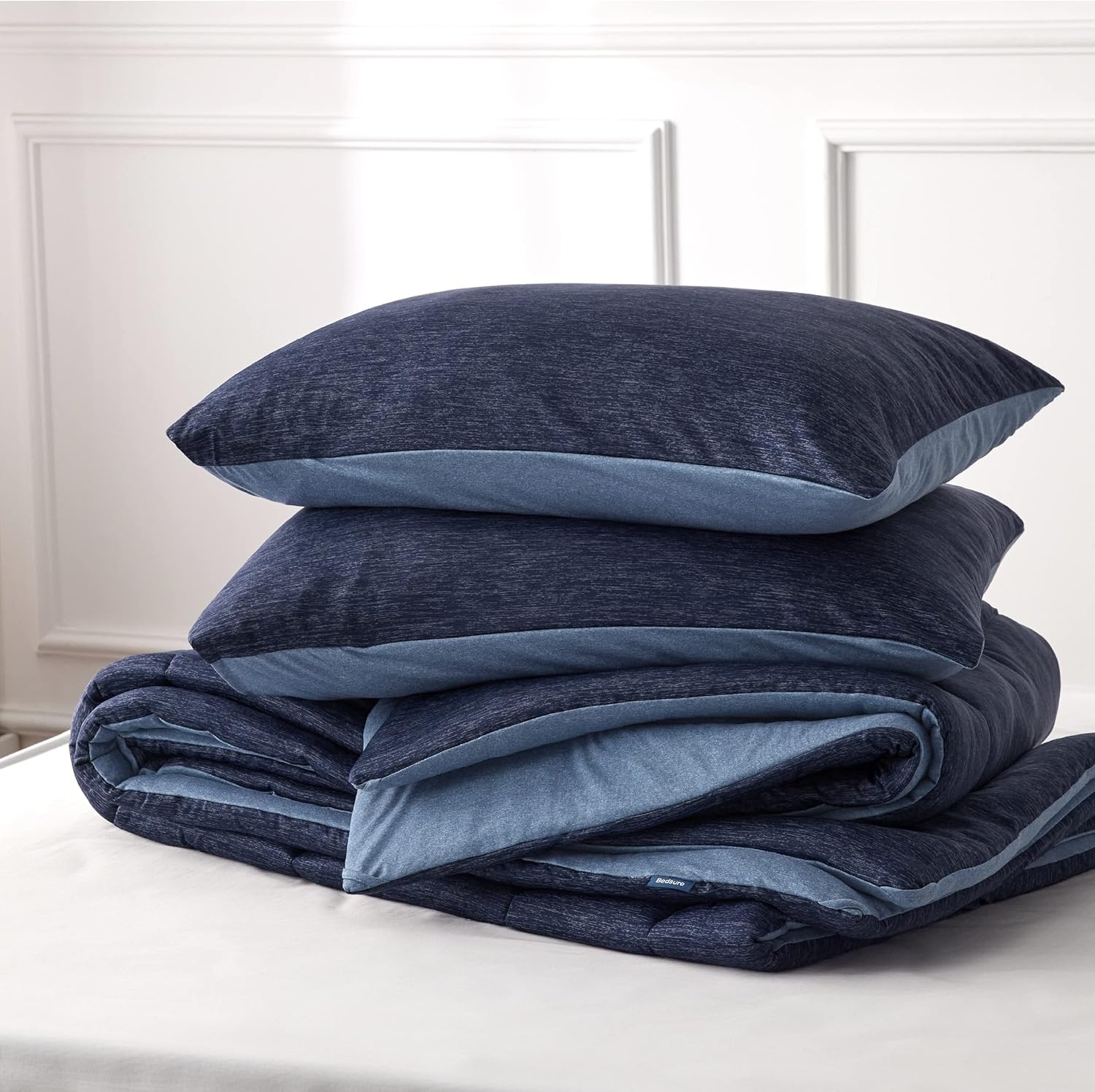 image:imageBedsure Cooling Comforter Queen Size Charcoal Black Reversible Comforter for Hot Sleepers amp Night Sweats All Season 3 Pieces 1 Soft Comforter 88x88 and 2 Pillow Cases 20x26Navy Blue