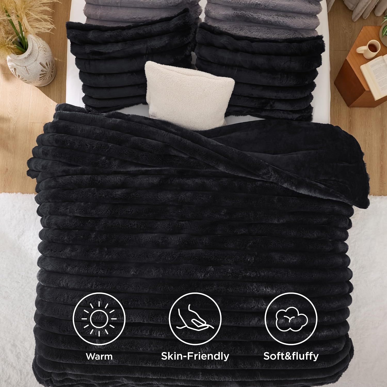 image:imageBedsure Faux Fur Queen Comforter Set Beige Fluffy Comforter Queen Size Soft and Cozy Shaggy Bedding Comforter Sets Winter Warm Luxury Fuzzy Bed Set 3 Pieces 1 Comforter and 2 Pillowcases03 Black