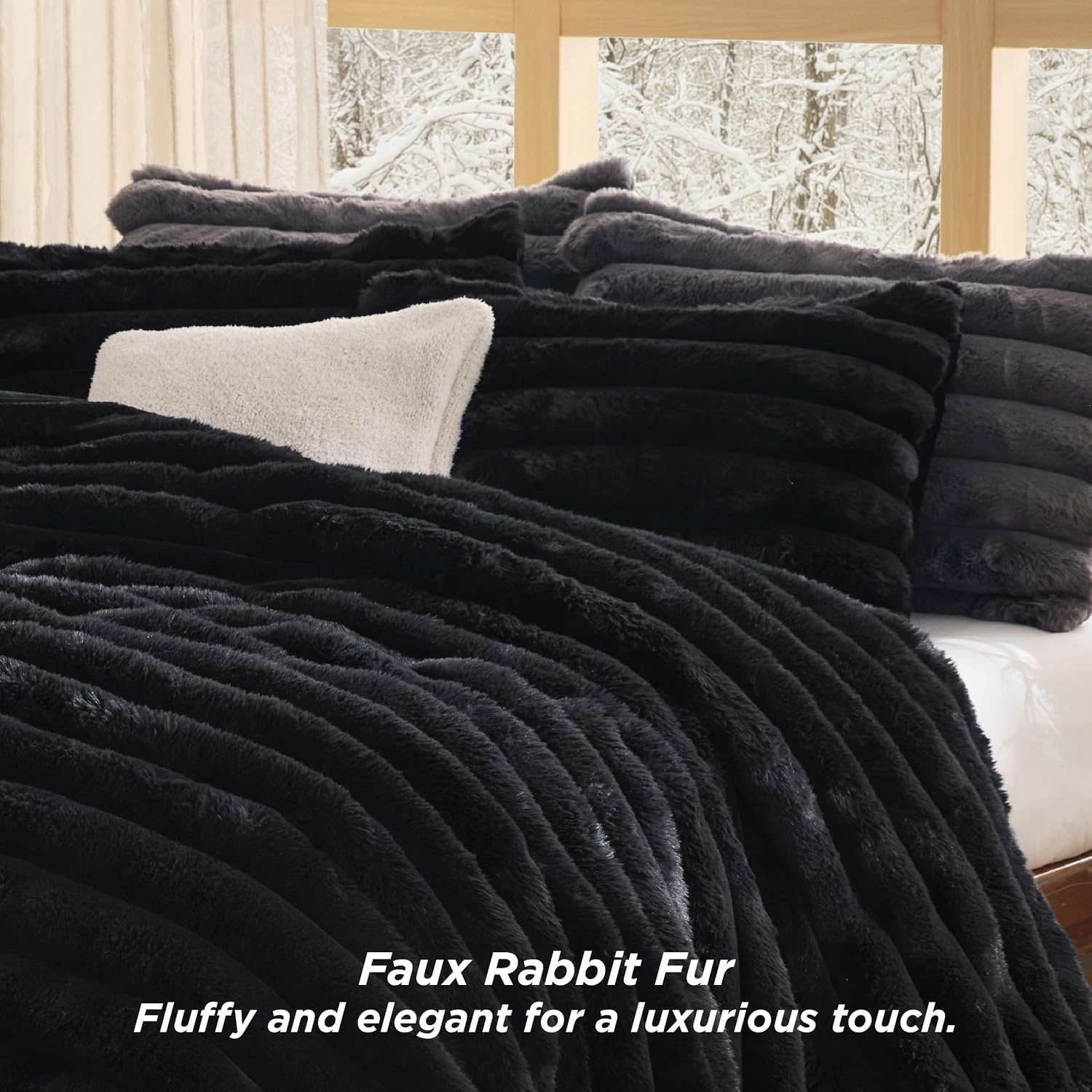 image:imageBedsure Faux Fur Queen Comforter Set Beige Fluffy Comforter Queen Size Soft and Cozy Shaggy Bedding Comforter Sets Winter Warm Luxury Fuzzy Bed Set 3 Pieces 1 Comforter and 2 Pillowcases03 Black