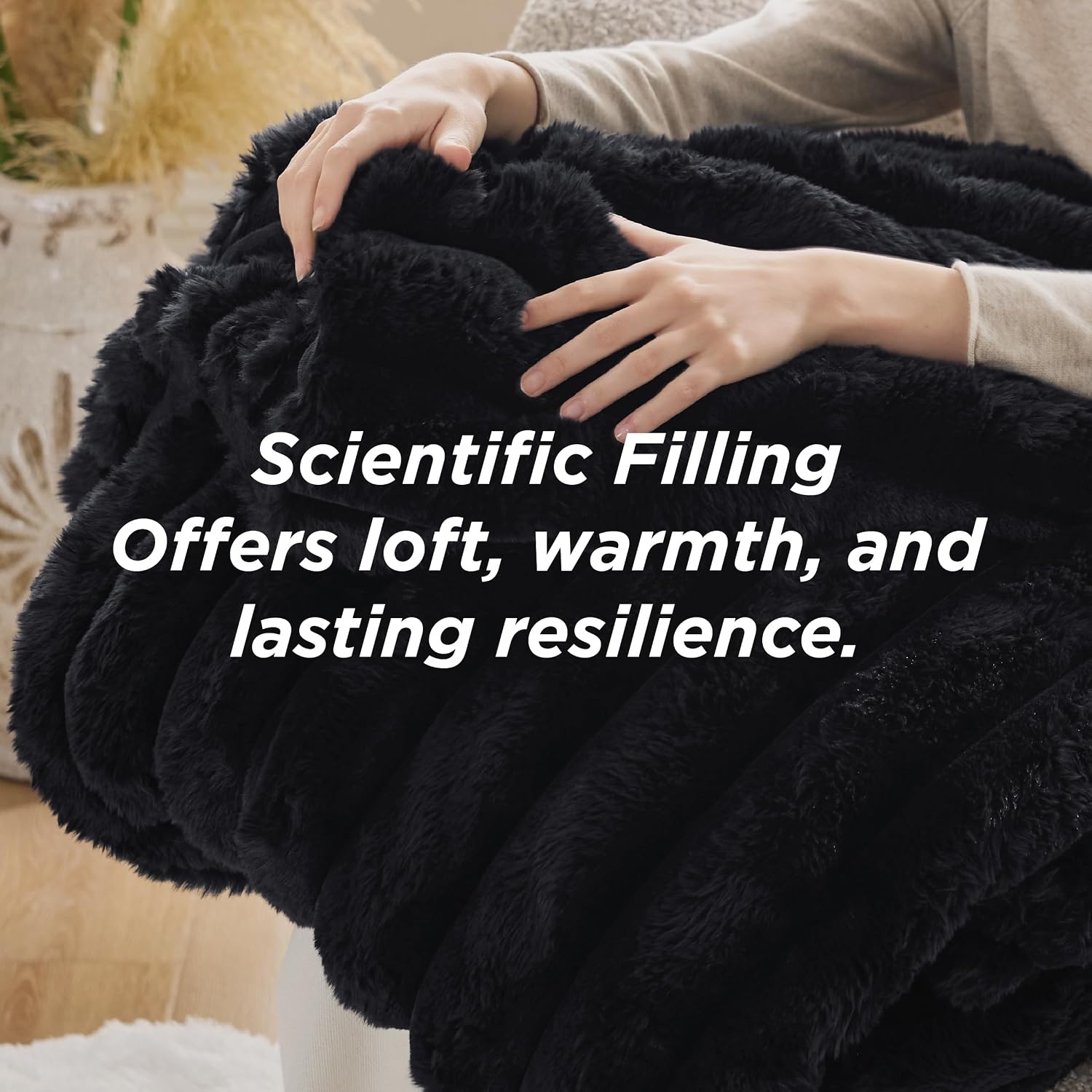image:imageBedsure Faux Fur Queen Comforter Set Beige Fluffy Comforter Queen Size Soft and Cozy Shaggy Bedding Comforter Sets Winter Warm Luxury Fuzzy Bed Set 3 Pieces 1 Comforter and 2 Pillowcases03 Black