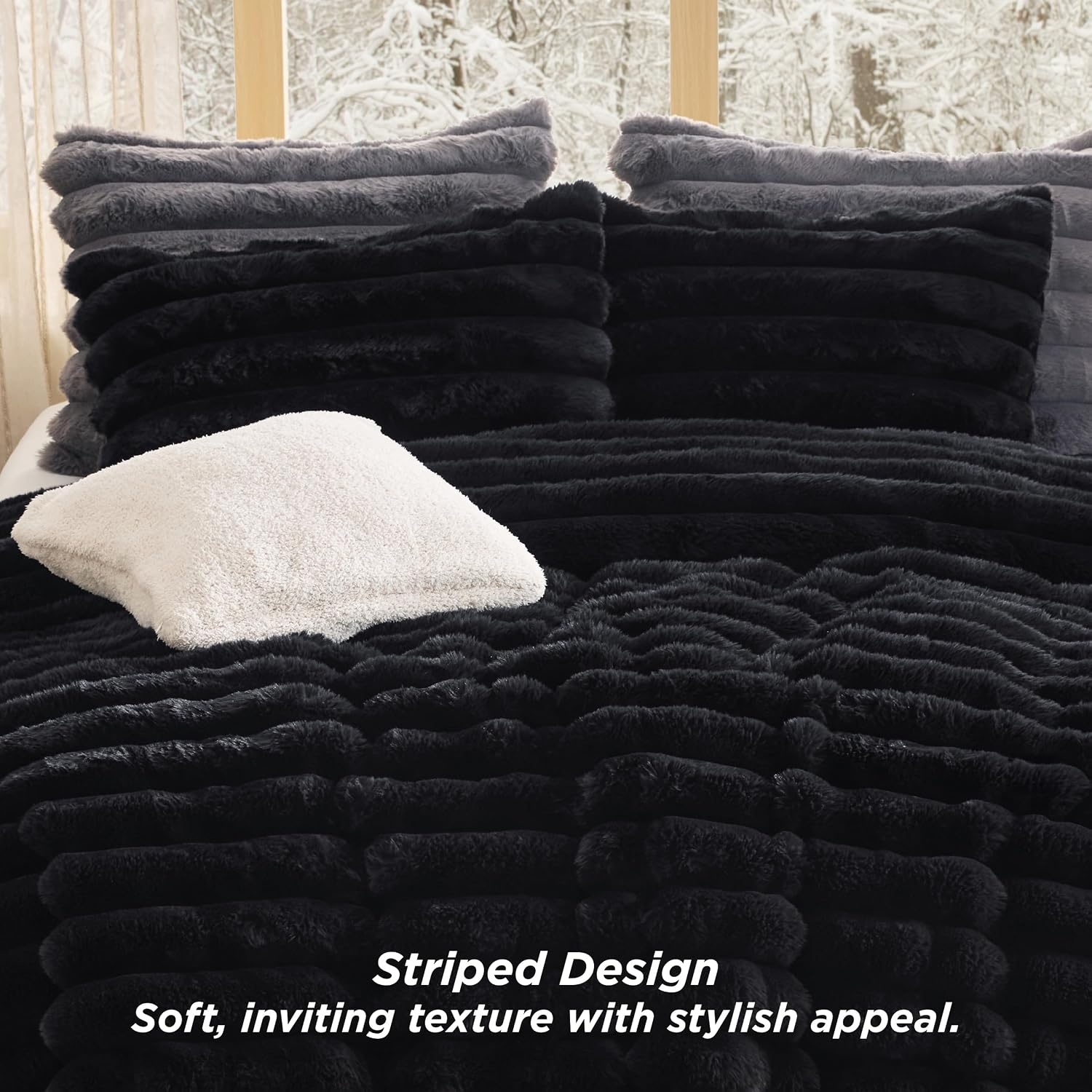 image:imageBedsure Faux Fur Queen Comforter Set Beige Fluffy Comforter Queen Size Soft and Cozy Shaggy Bedding Comforter Sets Winter Warm Luxury Fuzzy Bed Set 3 Pieces 1 Comforter and 2 Pillowcases03 Black