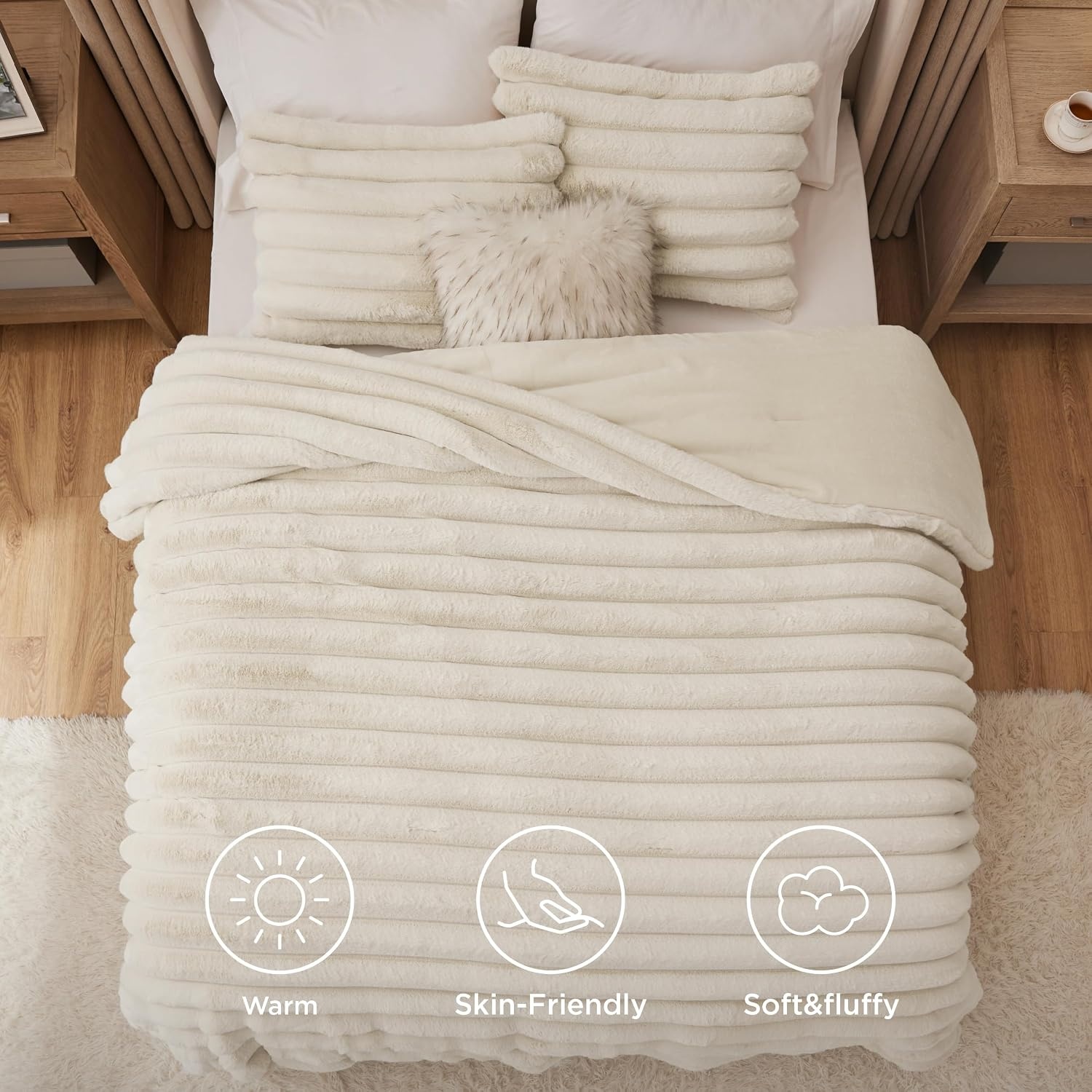 image:imageBedsure Faux Fur Queen Comforter Set Beige Fluffy Comforter Queen Size Soft and Cozy Shaggy Bedding Comforter Sets Winter Warm Luxury Fuzzy Bed Set 3 Pieces 1 Comforter and 2 Pillowcases01 Beige