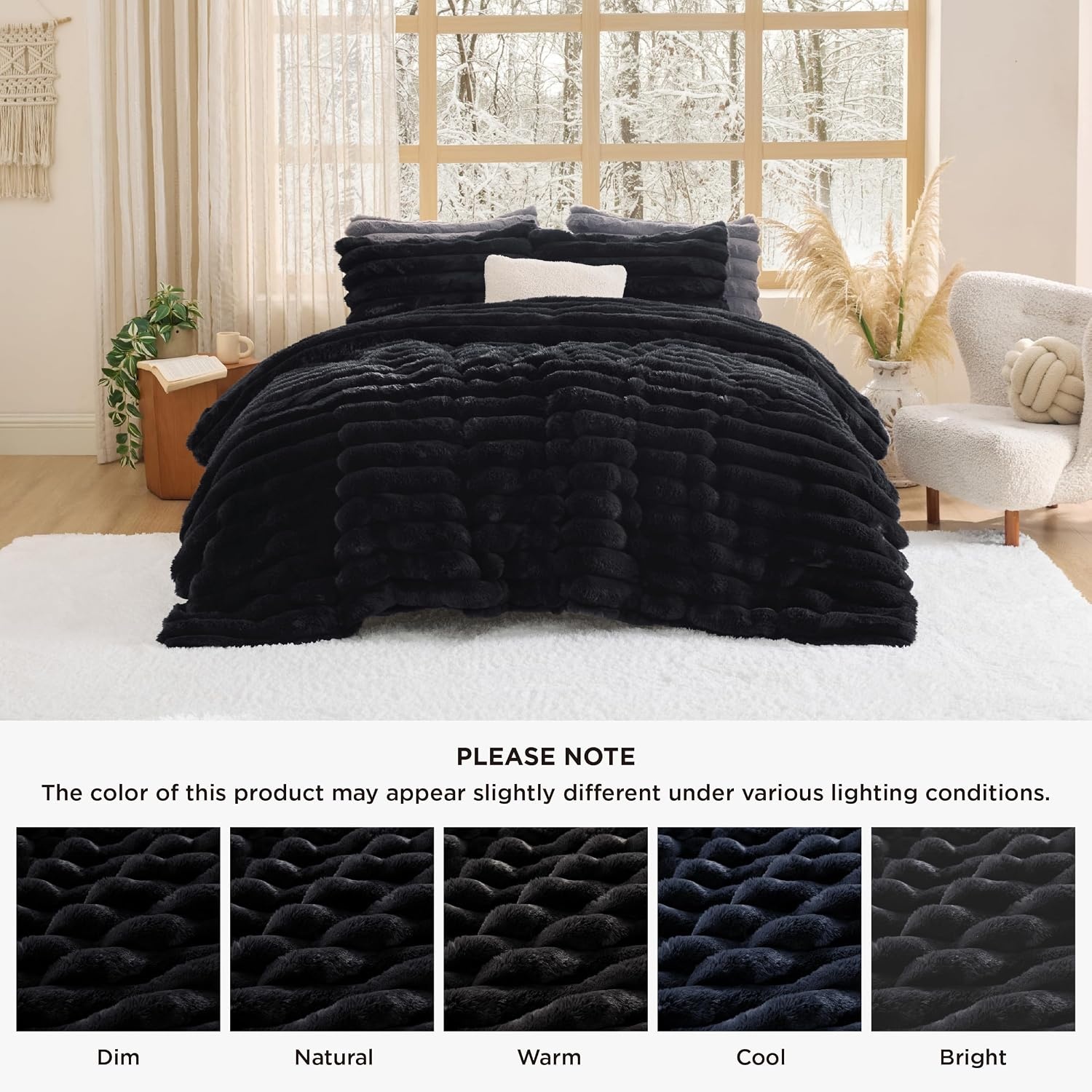 image:imageBedsure Faux Fur Queen Comforter Set Beige Fluffy Comforter Queen Size Soft and Cozy Shaggy Bedding Comforter Sets Winter Warm Luxury Fuzzy Bed Set 3 Pieces 1 Comforter and 2 Pillowcases03 Black