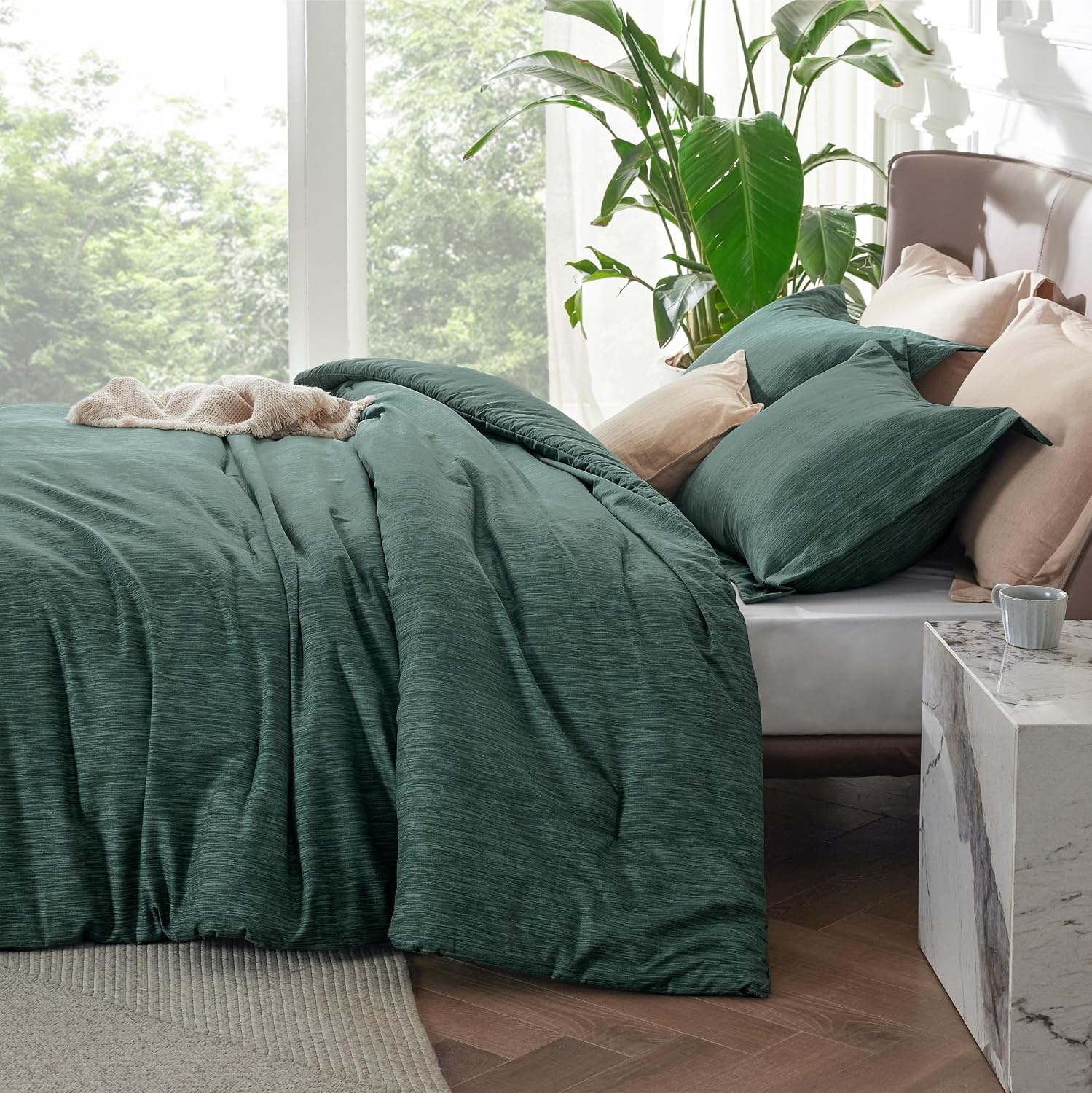 image:imageBedsure Grey Queen Comforter Set Soft Cationic Dyed Bedding Set 3 Pcs Breathable Comfortable for All Season SkinFriendly Melange Home Decor Gift Bed Set Cozy for Bedroom OEKO Modern02 Dark Green Melange