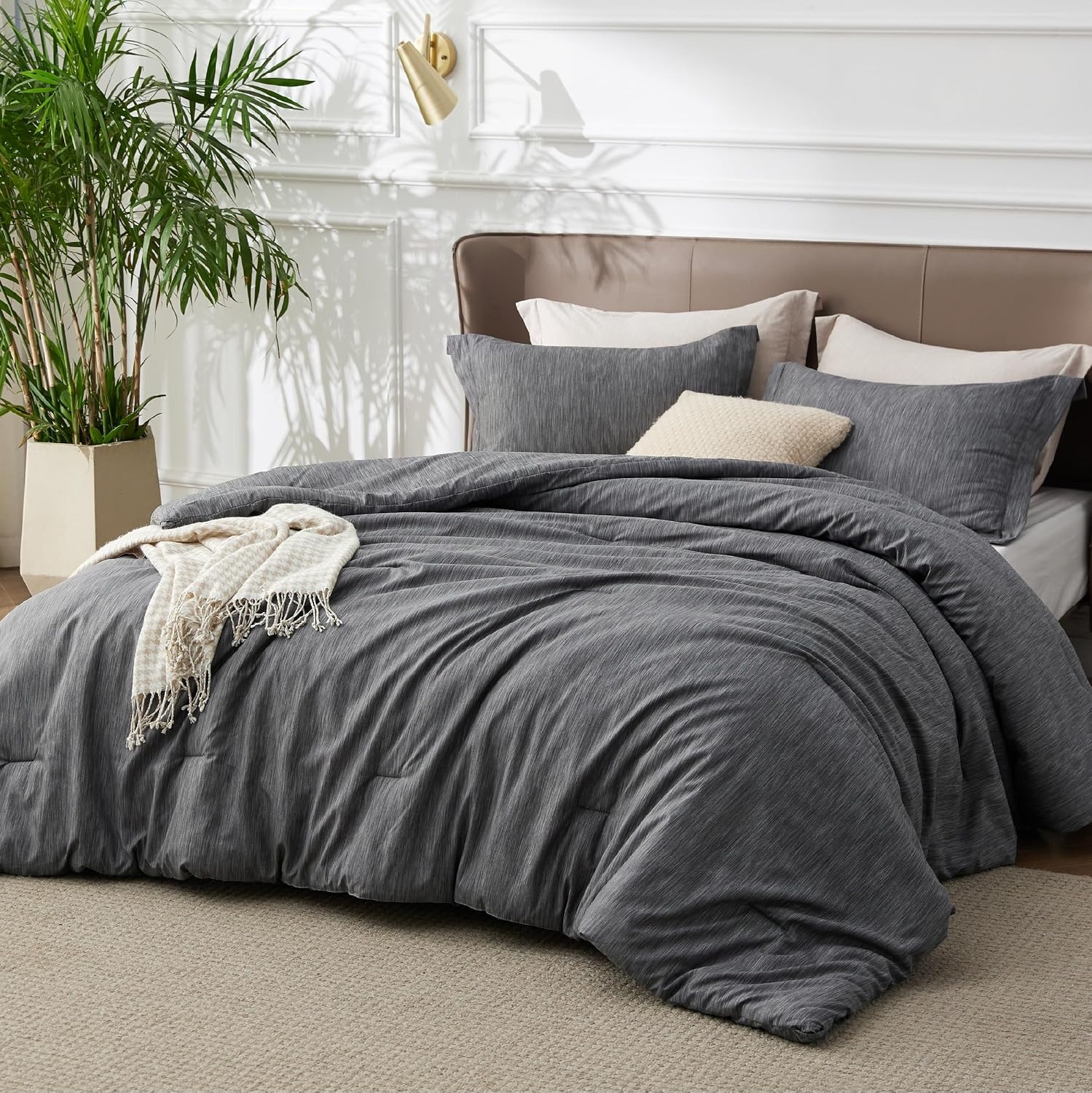image:imageBedsure Grey Queen Comforter Set Soft Cationic Dyed Bedding Set 3 Pcs Breathable Comfortable for All Season SkinFriendly Melange Home Decor Gift Bed Set Cozy for Bedroom OEKO Modern03 Dark Grey Melange