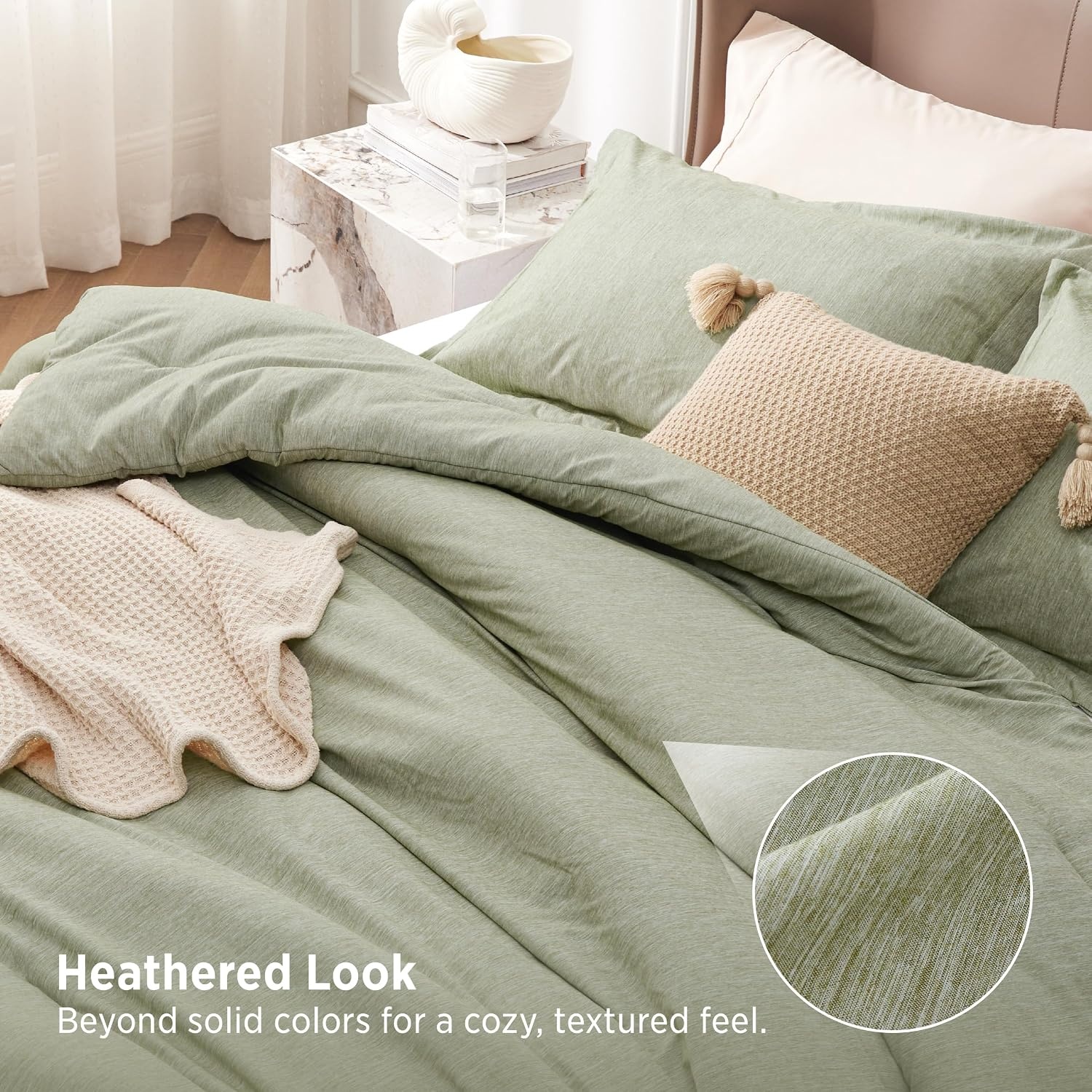 image:imageBedsure Grey Queen Comforter Set Soft Cationic Dyed Bedding Set 3 Pcs Breathable Comfortable for All Season SkinFriendly Melange Home Decor Gift Bed Set Cozy for Bedroom OEKO Modern02 Tea Green Melange