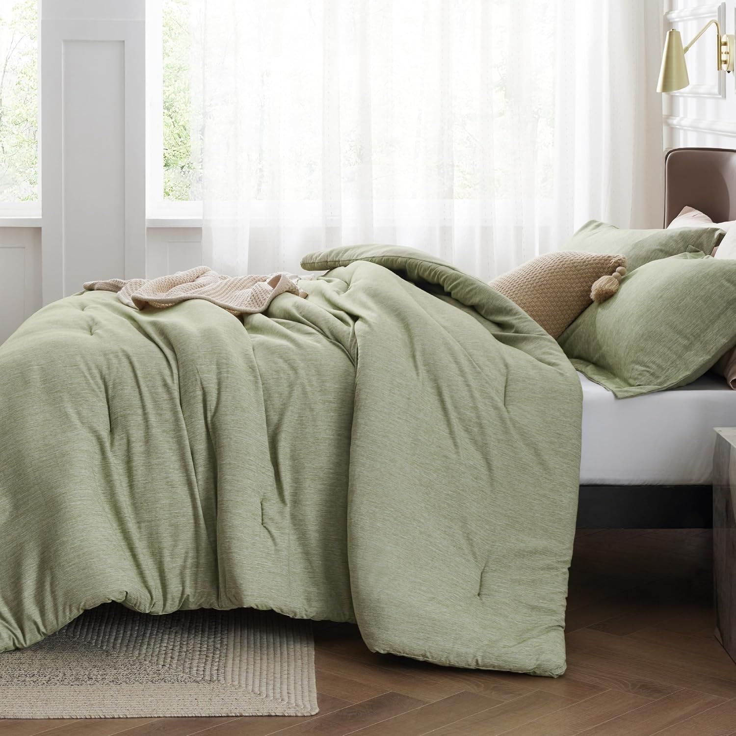 image:imageBedsure Grey Queen Comforter Set Soft Cationic Dyed Bedding Set 3 Pcs Breathable Comfortable for All Season SkinFriendly Melange Home Decor Gift Bed Set Cozy for Bedroom OEKO Modern02 Tea Green Melange