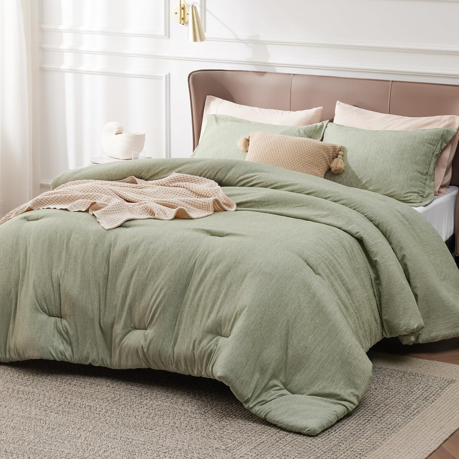 image:imageBedsure Grey Queen Comforter Set Soft Cationic Dyed Bedding Set 3 Pcs Breathable Comfortable for All Season SkinFriendly Melange Home Decor Gift Bed Set Cozy for Bedroom OEKO Modern02 Tea Green Melange