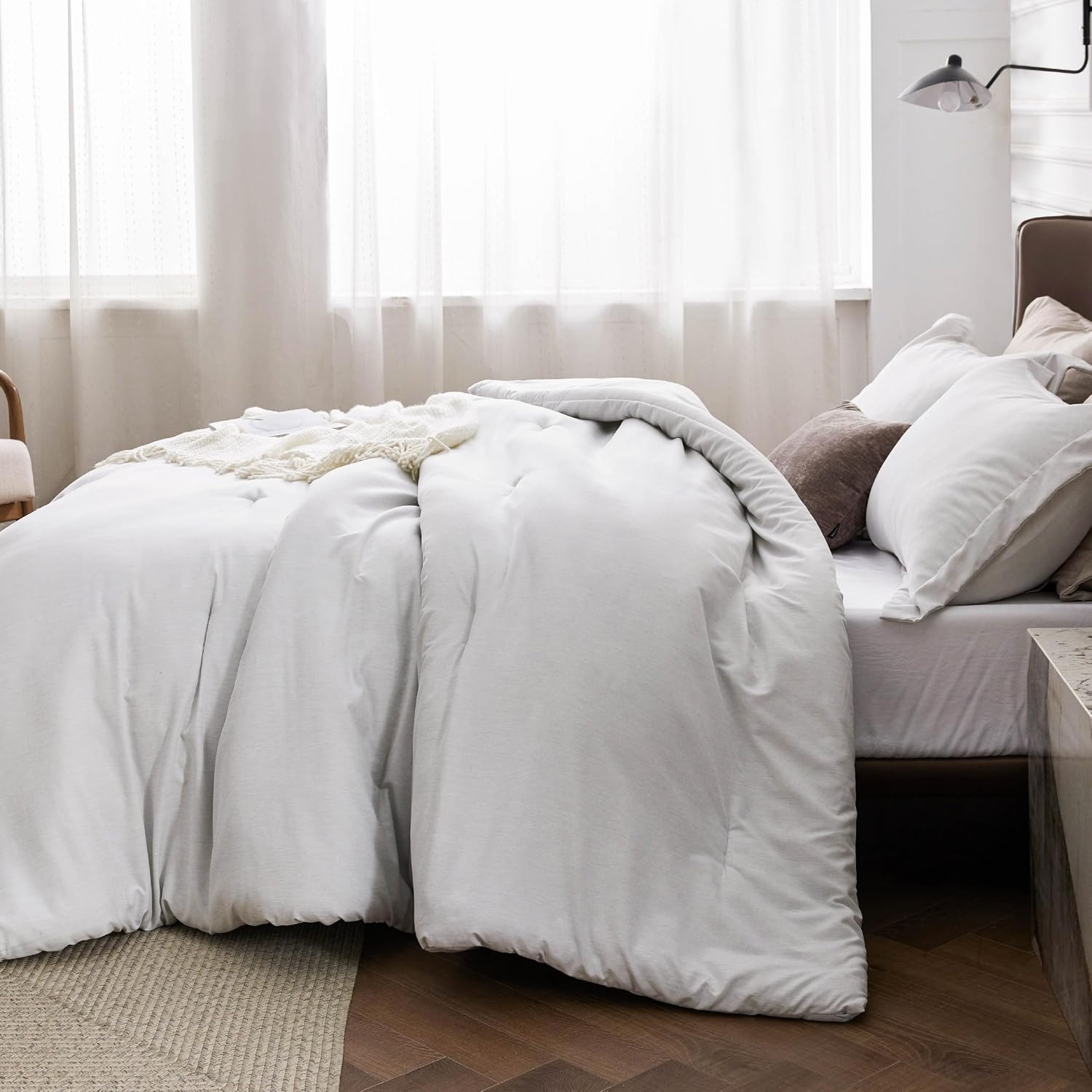 image:imageBedsure Grey Queen Comforter Set Soft Cationic Dyed Bedding Set 3 Pcs Breathable Comfortable for All Season SkinFriendly Melange Home Decor Gift Bed Set Cozy for Bedroom OEKO Modern03 Grayish White Melange