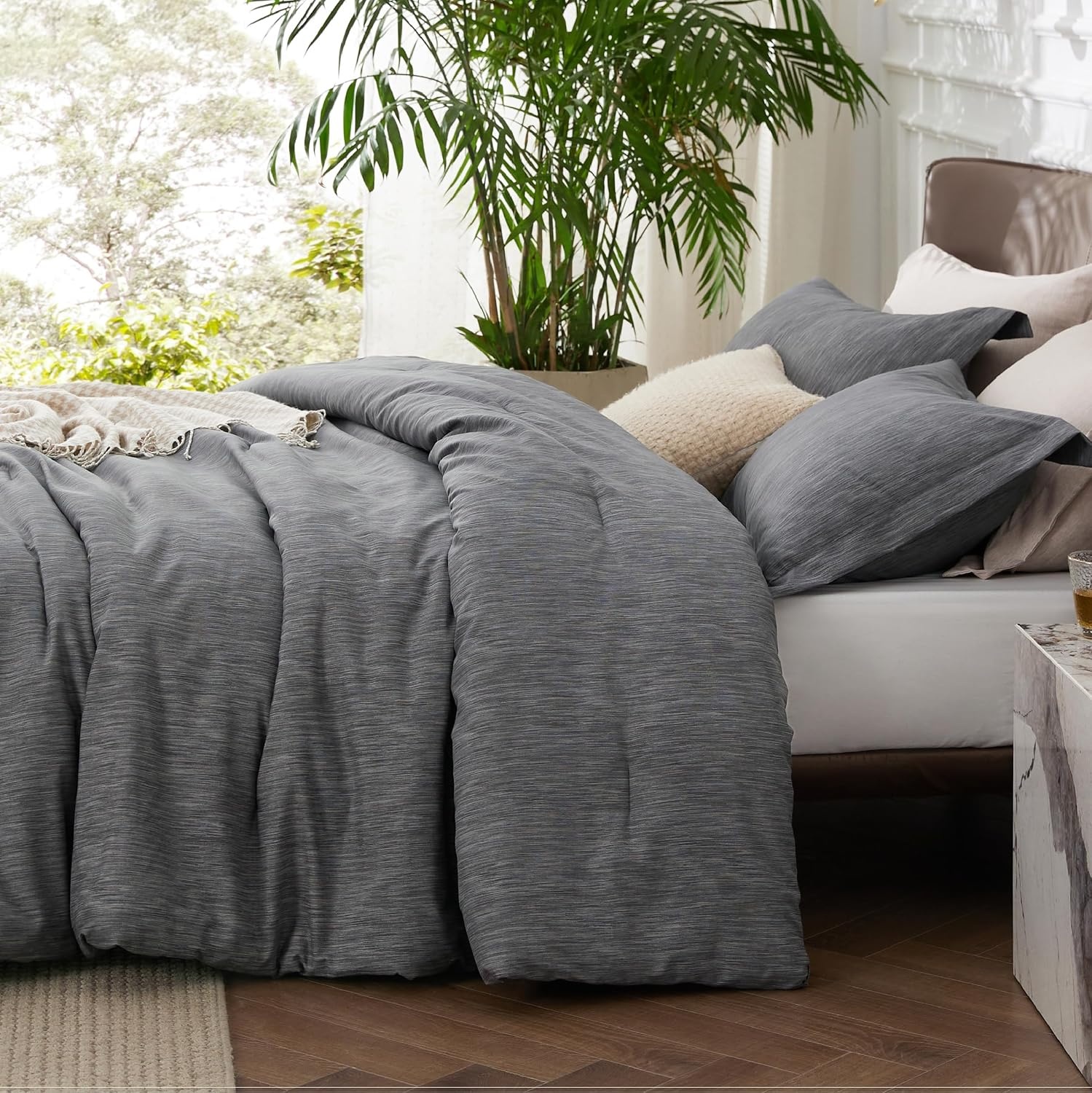 image:imageBedsure Grey Queen Comforter Set Soft Cationic Dyed Bedding Set 3 Pcs Breathable Comfortable for All Season SkinFriendly Melange Home Decor Gift Bed Set Cozy for Bedroom OEKO Modern03 Dark Grey Melange