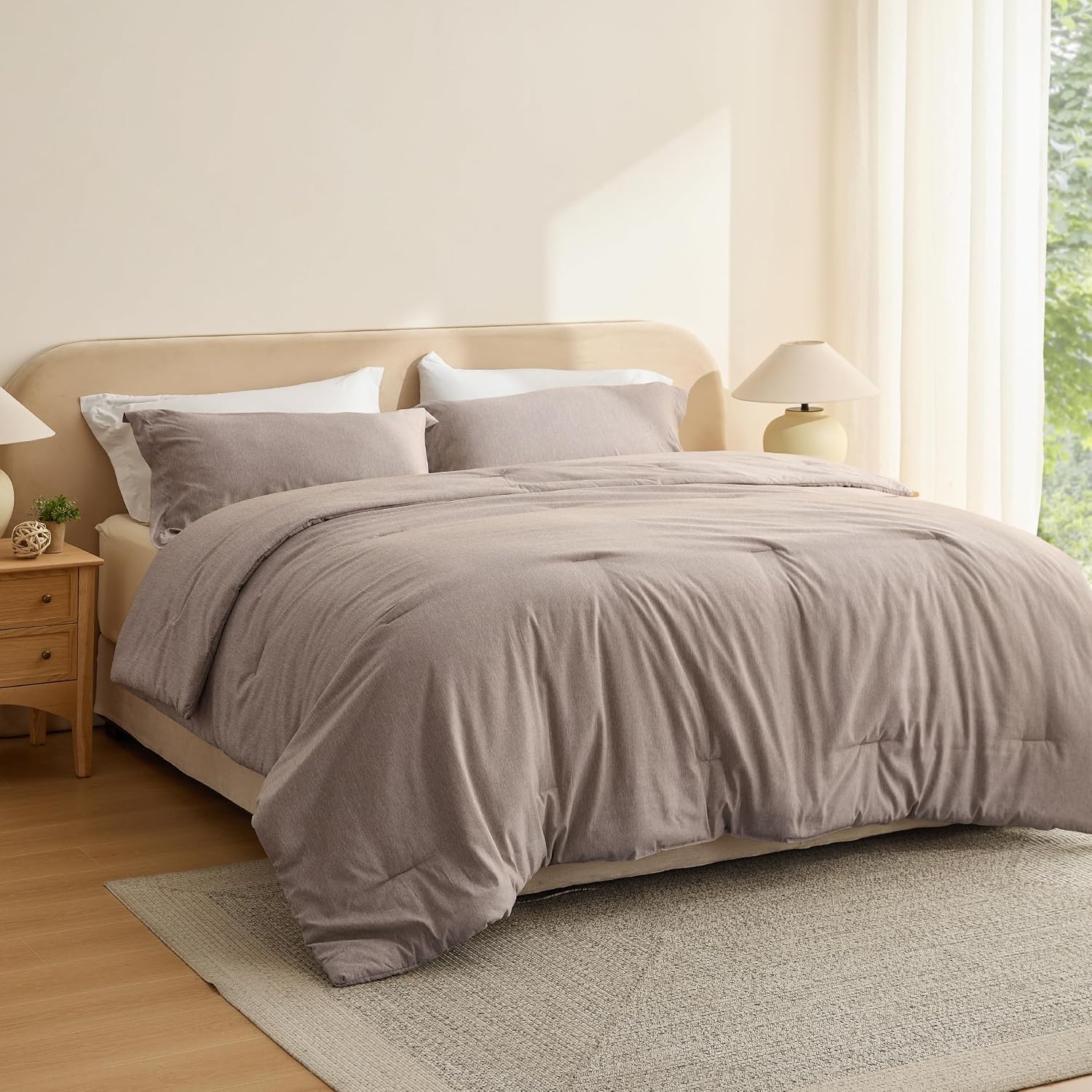 image:imageBedsure Grey Queen Comforter Set Soft Cationic Dyed Bedding Set 3 Pcs Breathable Comfortable for All Season SkinFriendly Melange Home Decor Gift Bed Set Cozy for Bedroom OEKO Modern04 Khaki Melange