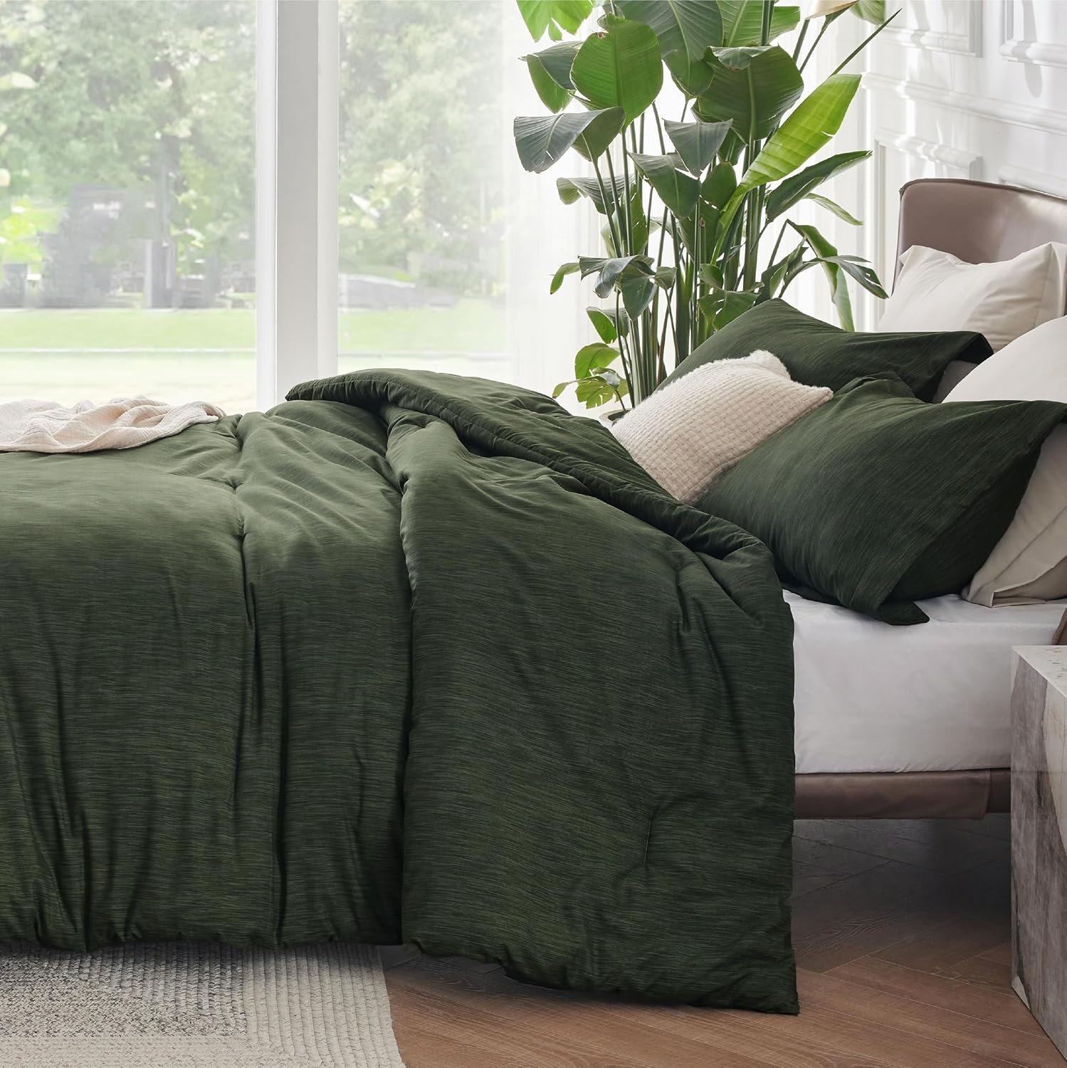 image:imageBedsure Grey Queen Comforter Set Soft Cationic Dyed Bedding Set 3 Pcs Breathable Comfortable for All Season SkinFriendly Melange Home Decor Gift Bed Set Cozy for Bedroom OEKO Modern02 Olive Green Melange